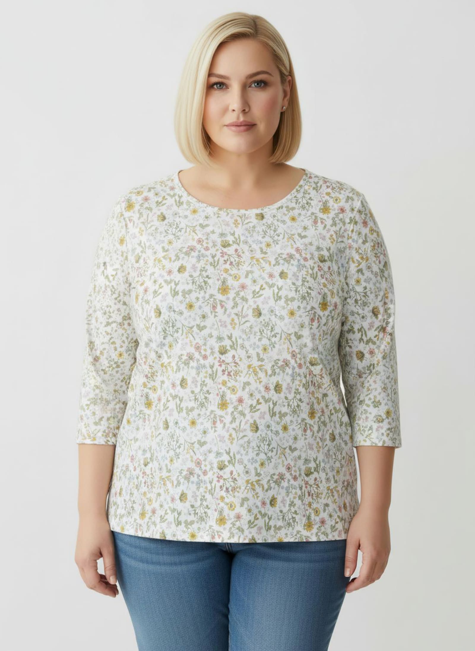 3/4-Arm-Shirt mit Wiesenblumen-Dessin - ecru-oliv-bedruckt