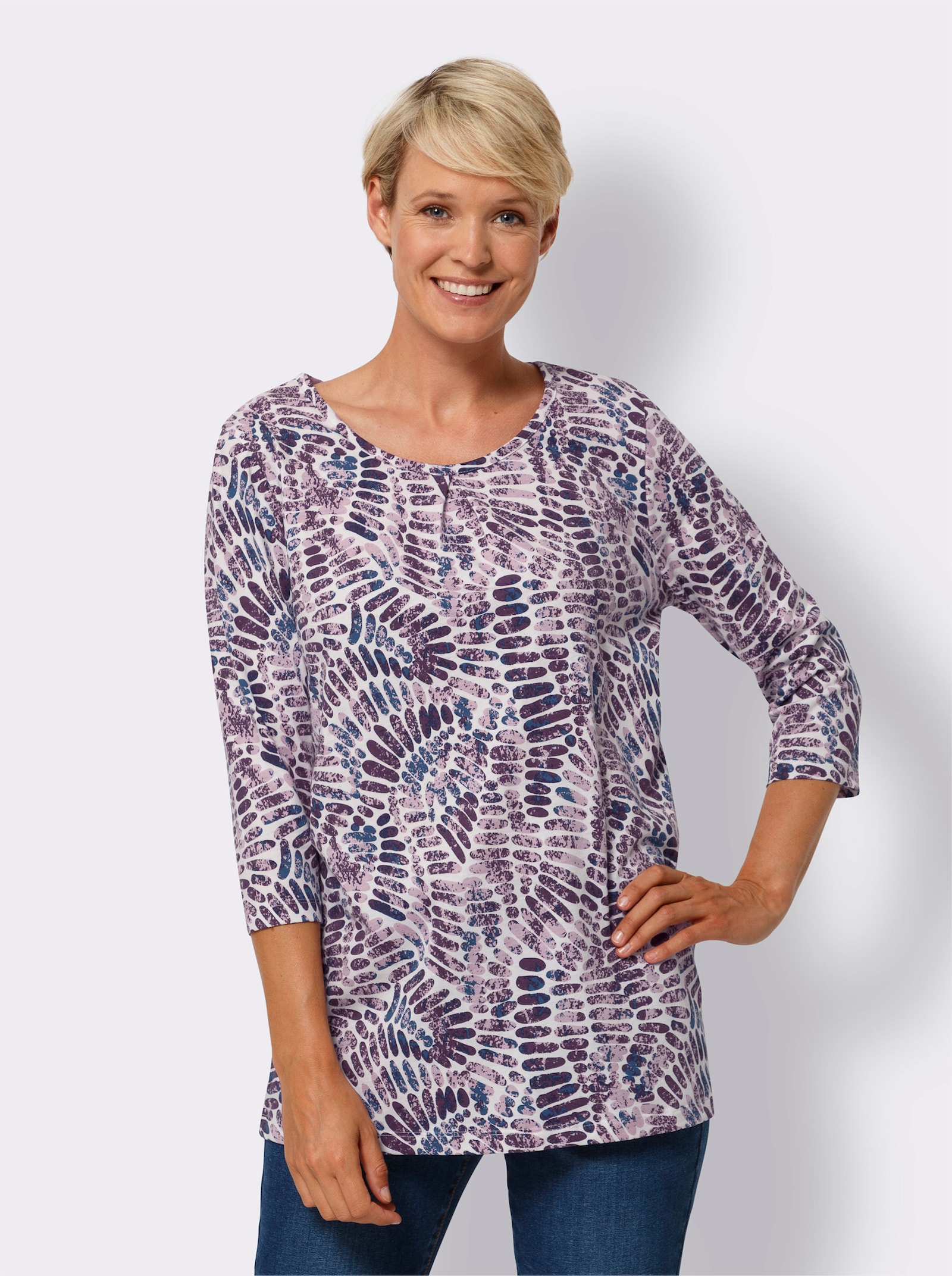 Longshirt mit Kellerfalte vorne - ecru-rosé-bedruckt