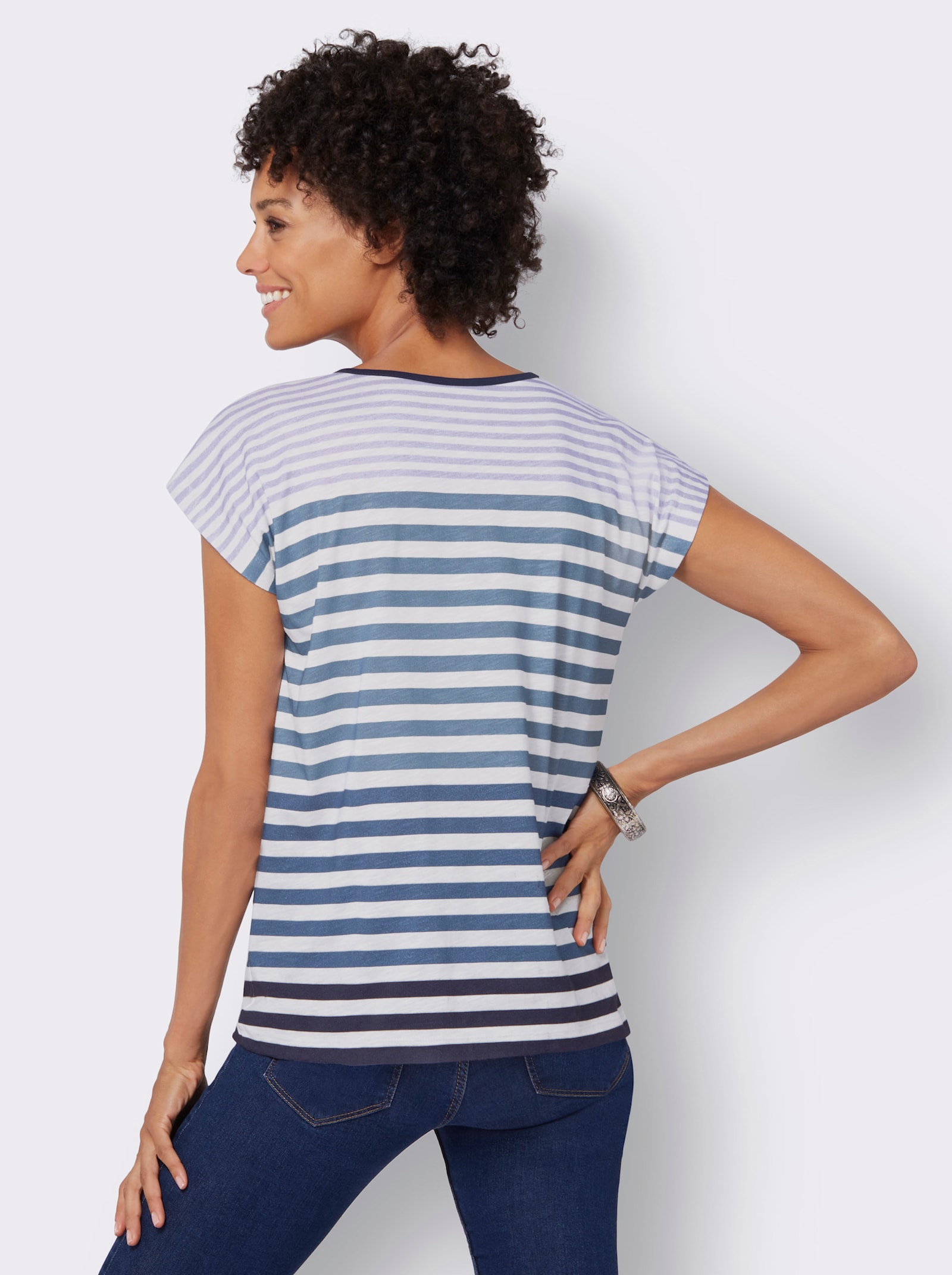 Ringelshirt mit Schriftzug - ecru-lavendel-geringelt