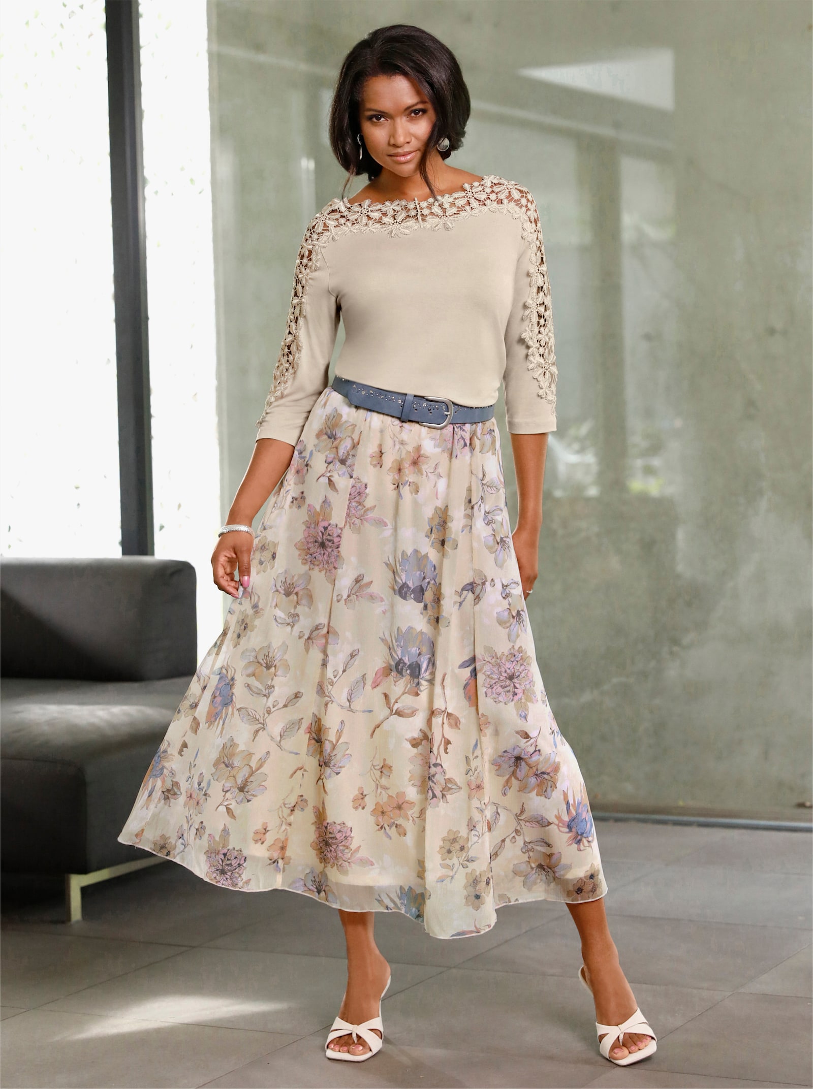 Tkaná sukně s elastickým pasem - ecru-hortenziová-potisk