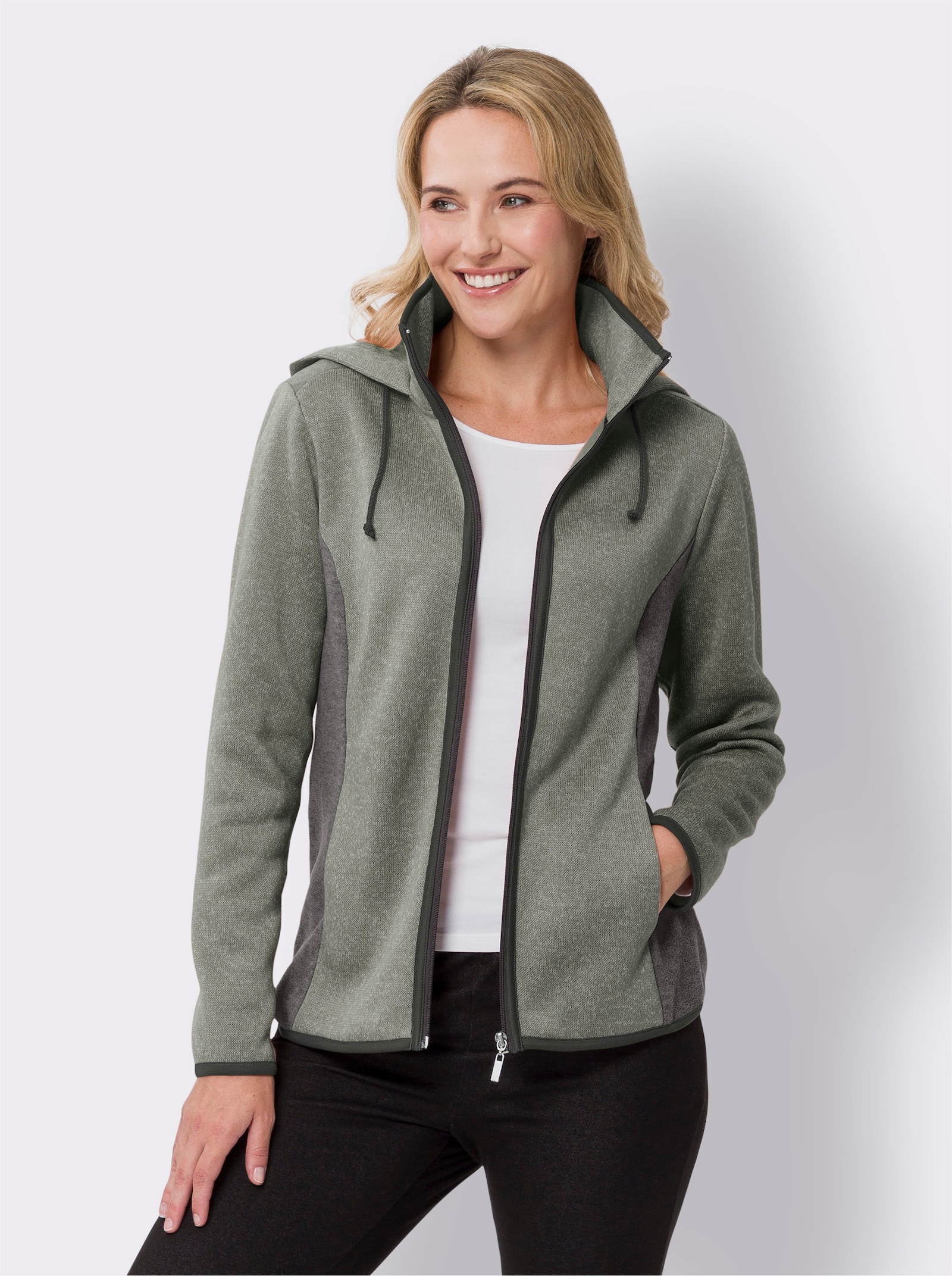 Strickfleecejacke mit Kapuze - anthrazit-meliert