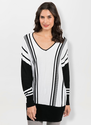 V-Ausschnitt-Pullover mit Fledermaus-Ärmeln - weiß-schwarz-gestreift