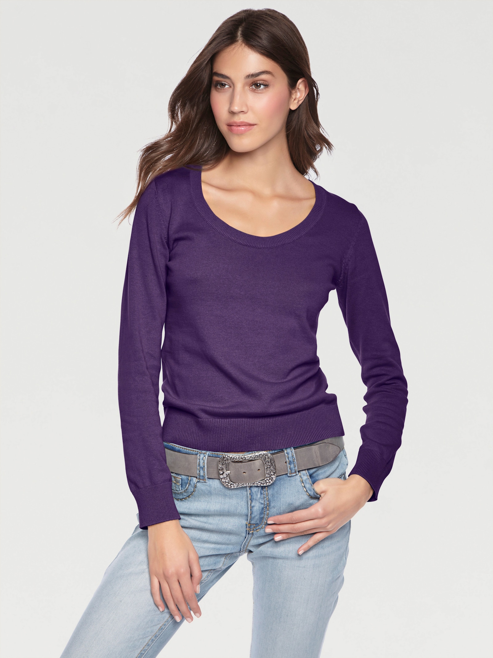 heine Pullover van fijntricot met ronde hals - prune