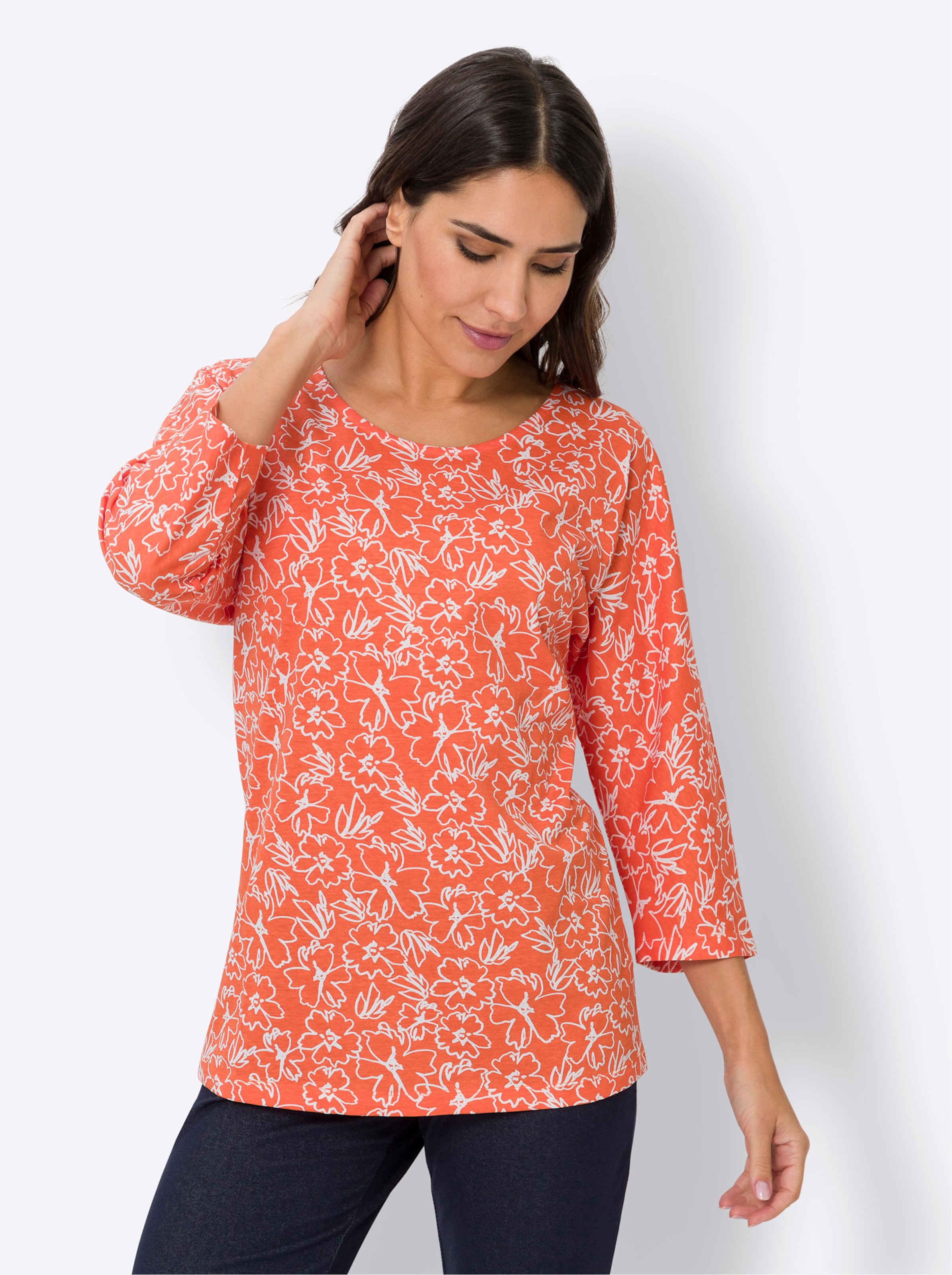 Witt Damen Freizeitshirt, orange-ecru-bedruckt