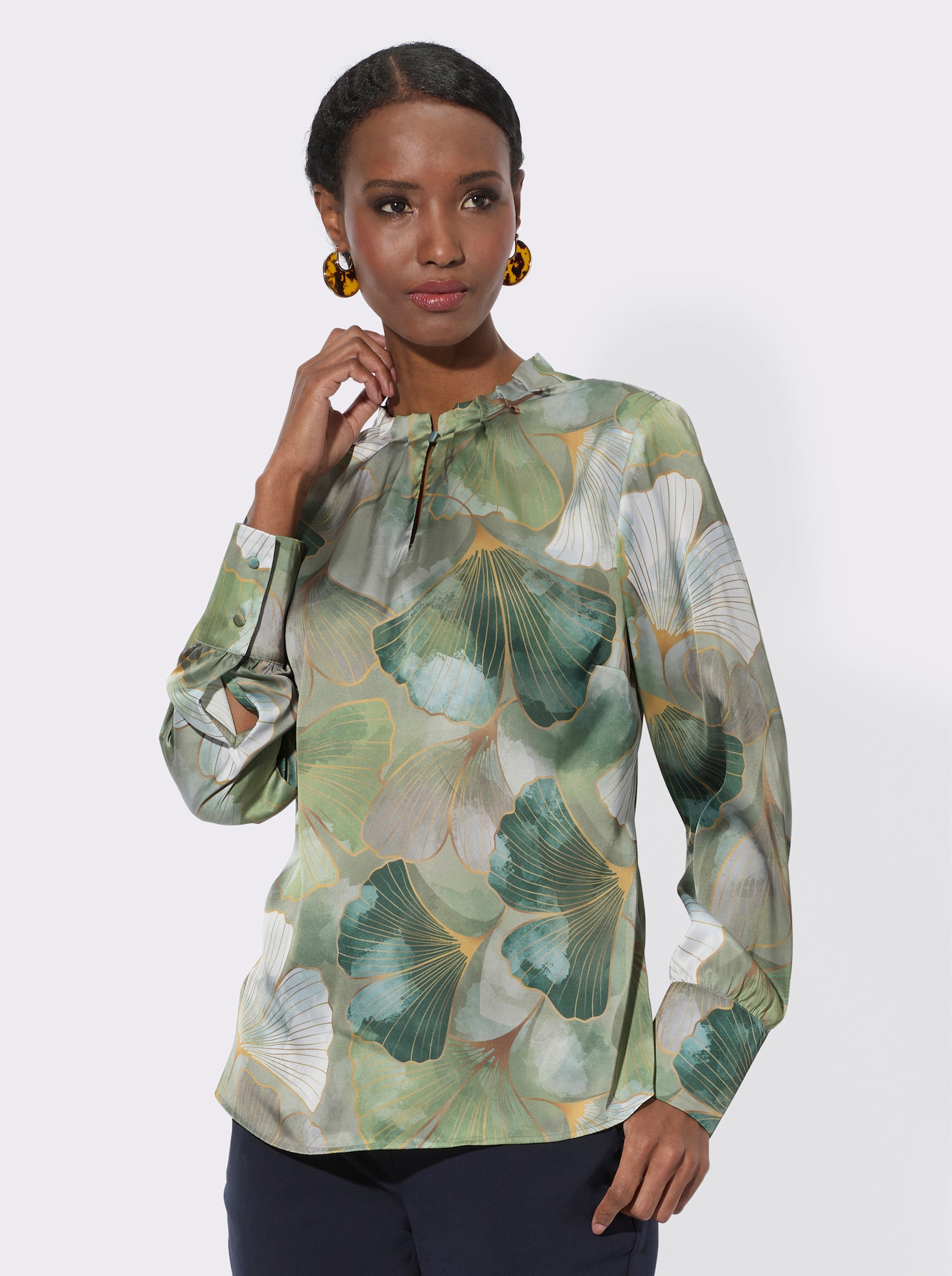 Satinbluse mit Digital-Druck - khaki-schilf-bedruckt