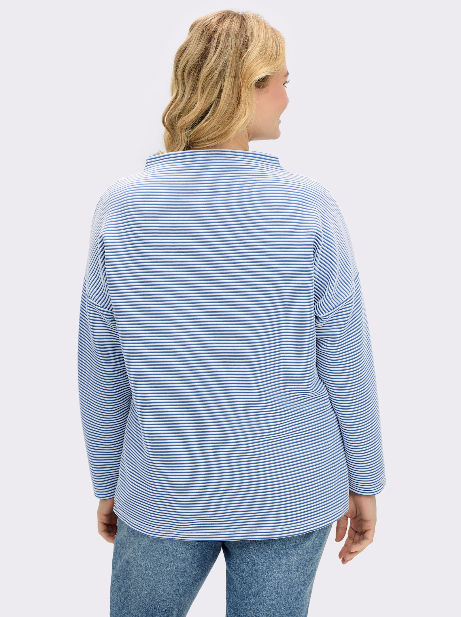 Langarmshirt in Ripp-Optik - ecru-mittelblau-gestreift