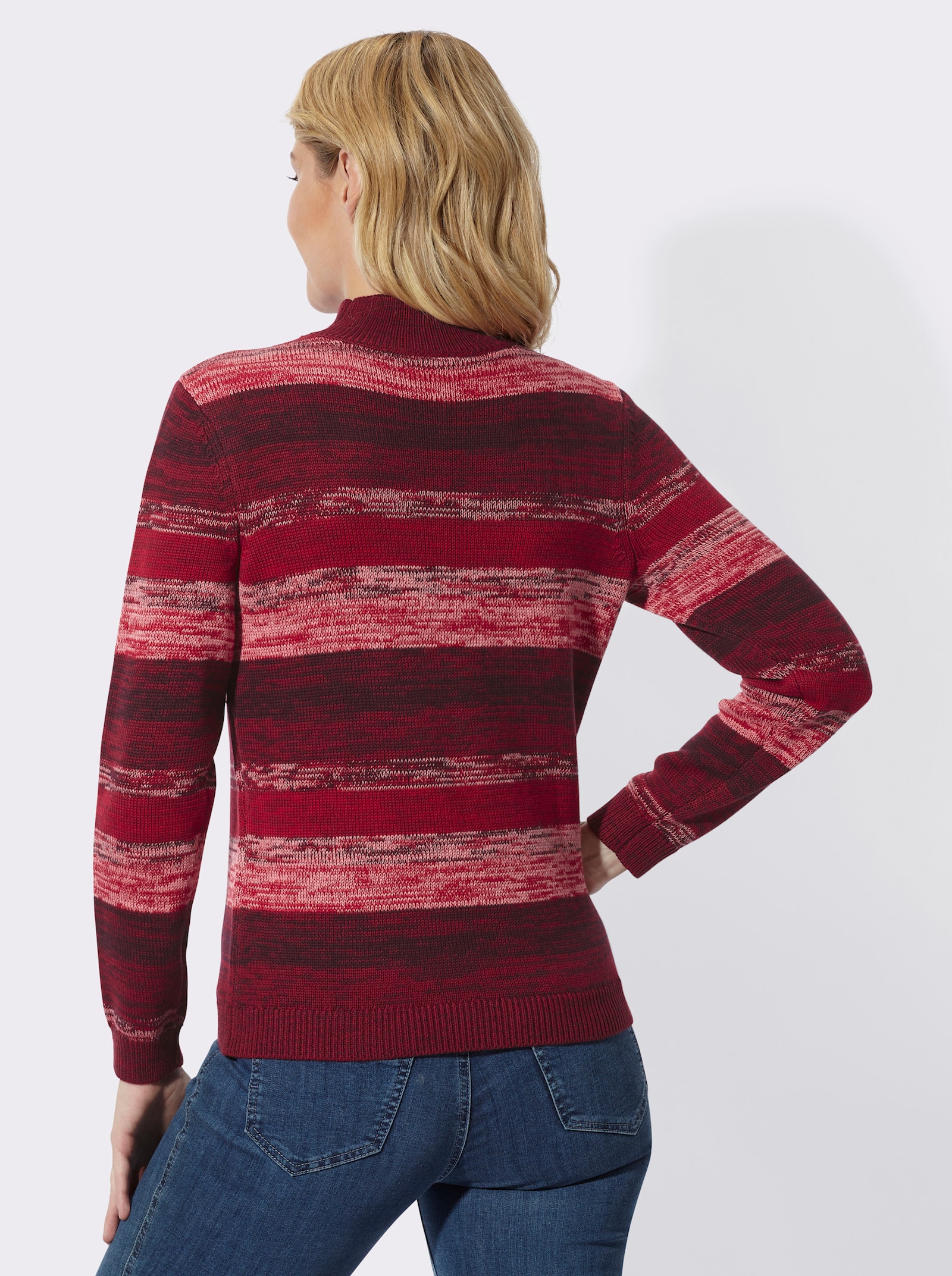 Stehkragenpullover mit Melange-Streifenmuster - kirsche-flamingo-gemustert