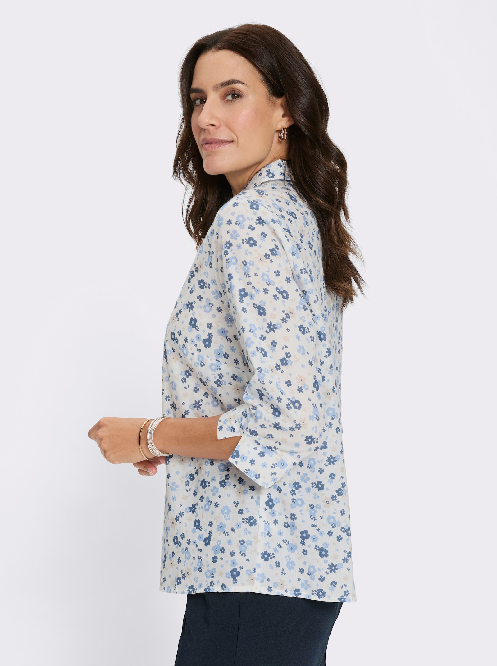 Bavlněná halenka s květinovým vzorem - ecru-modrá-potisk