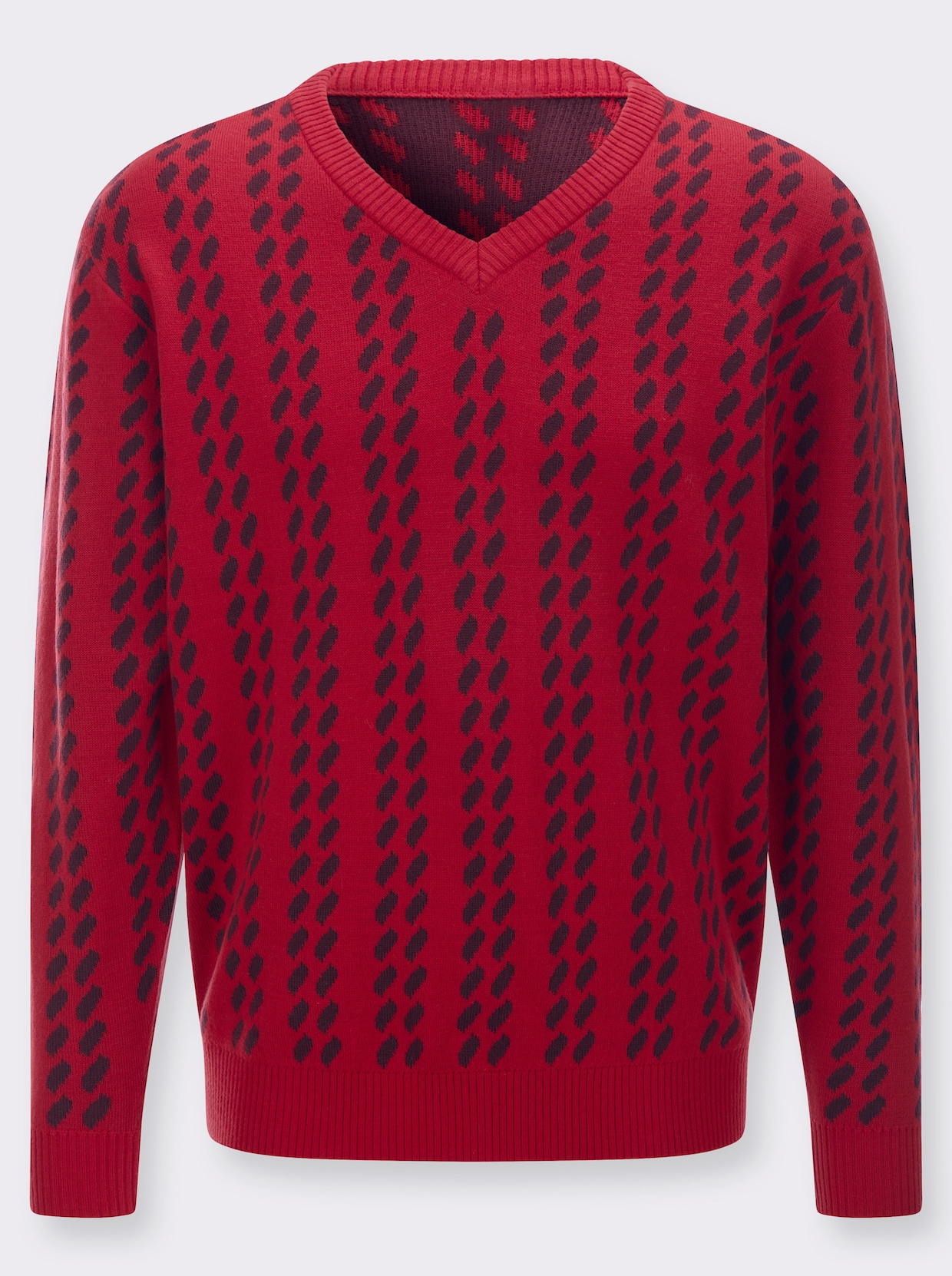 Svetr s výstřihem do V s grafickým pleteným vzorem - červená-burgundská