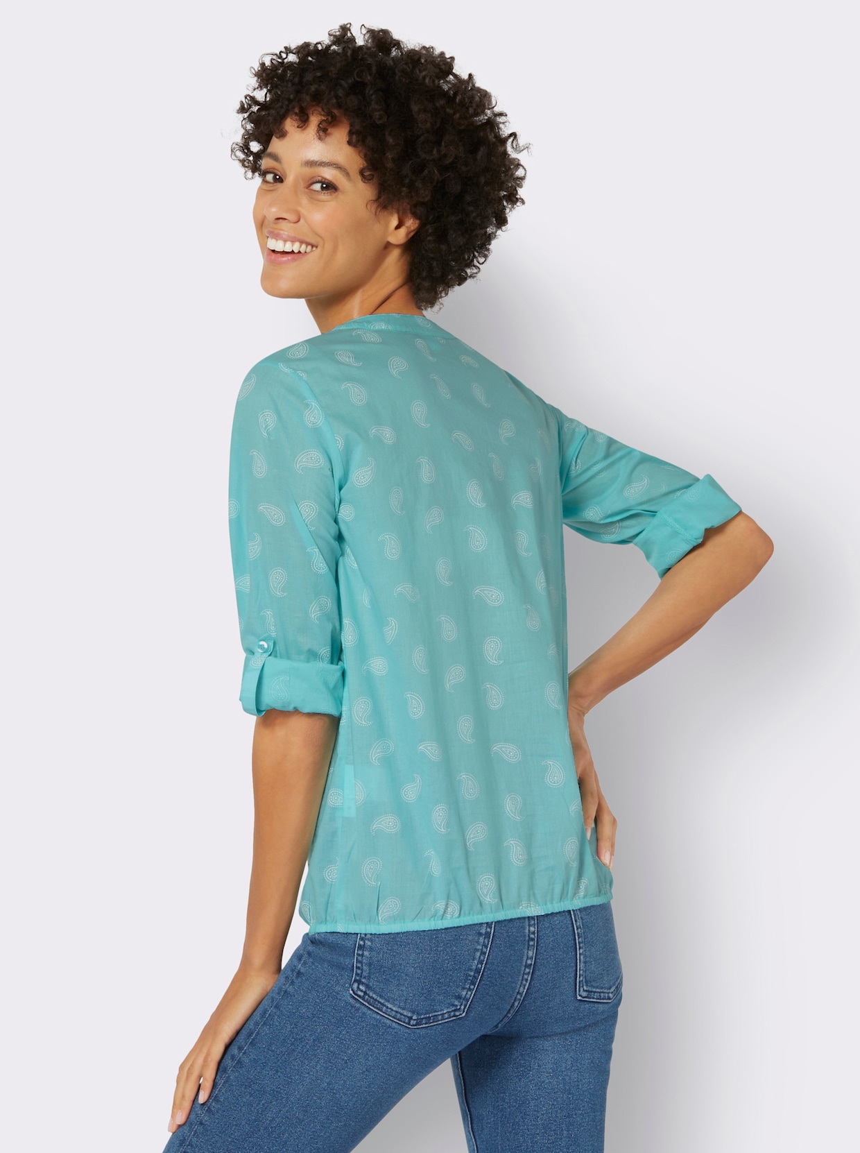 Comfortabele blouse - winterturquoise geprint