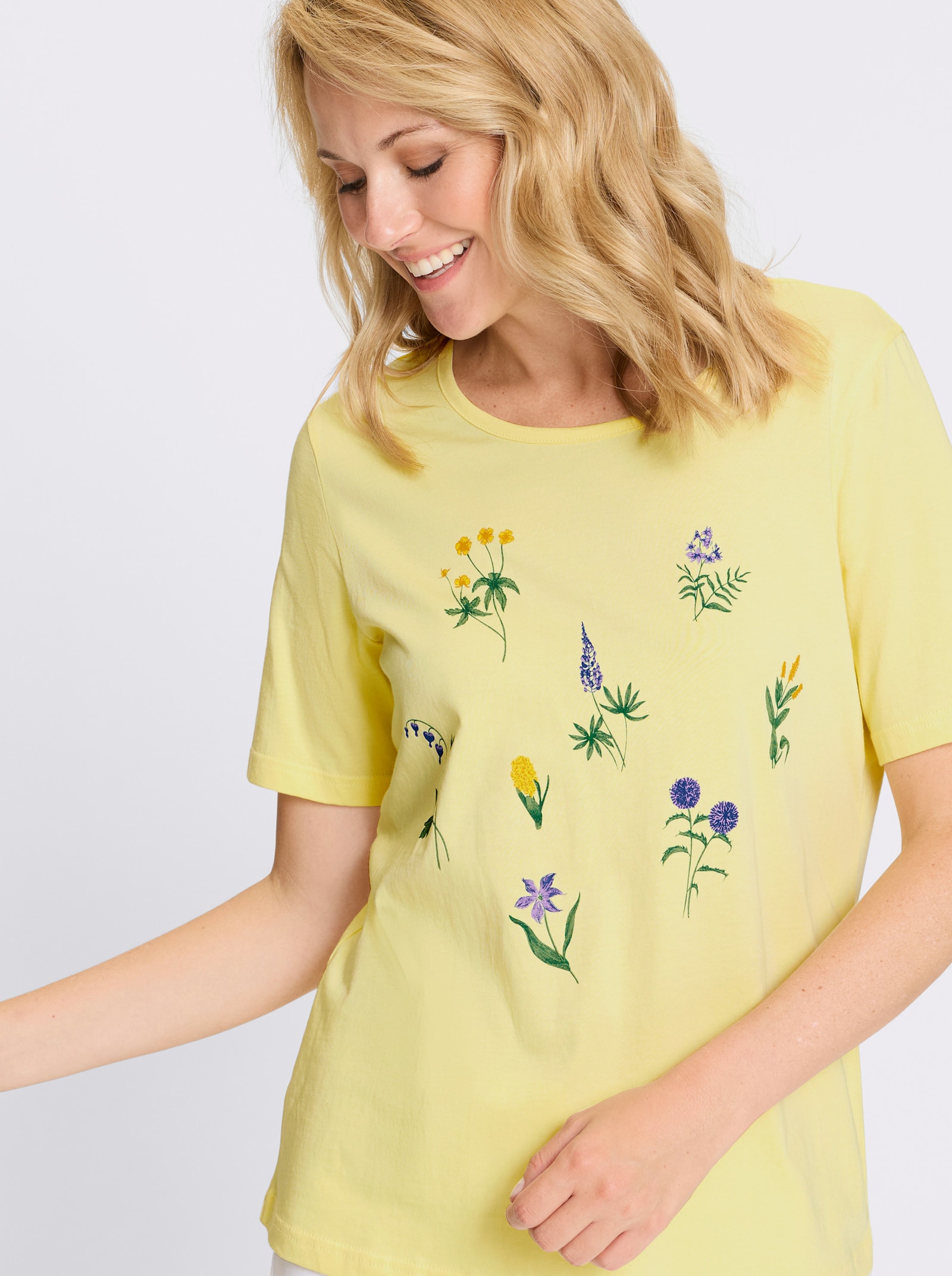 Kurzarmshirt mit Wiesenblumen-Druck - zitrone