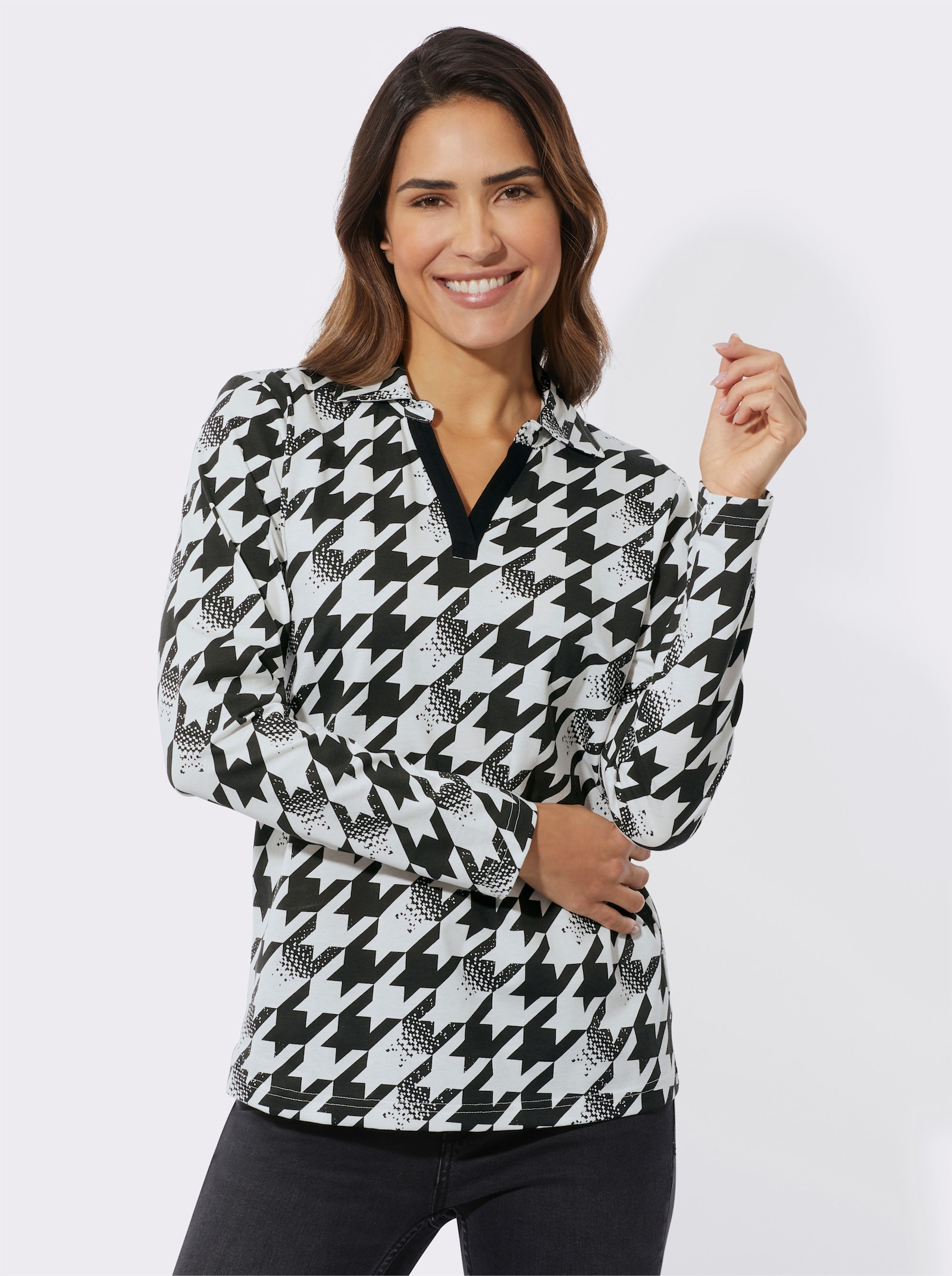 Langarmshirt mit Hahnentritt-Muster - schwarz-ecru-bedruckt