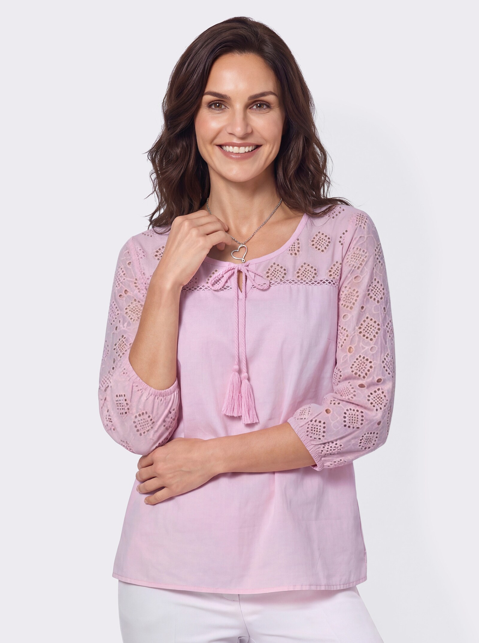 Druckbluse mit Lochstickerei-Partien - rosé
