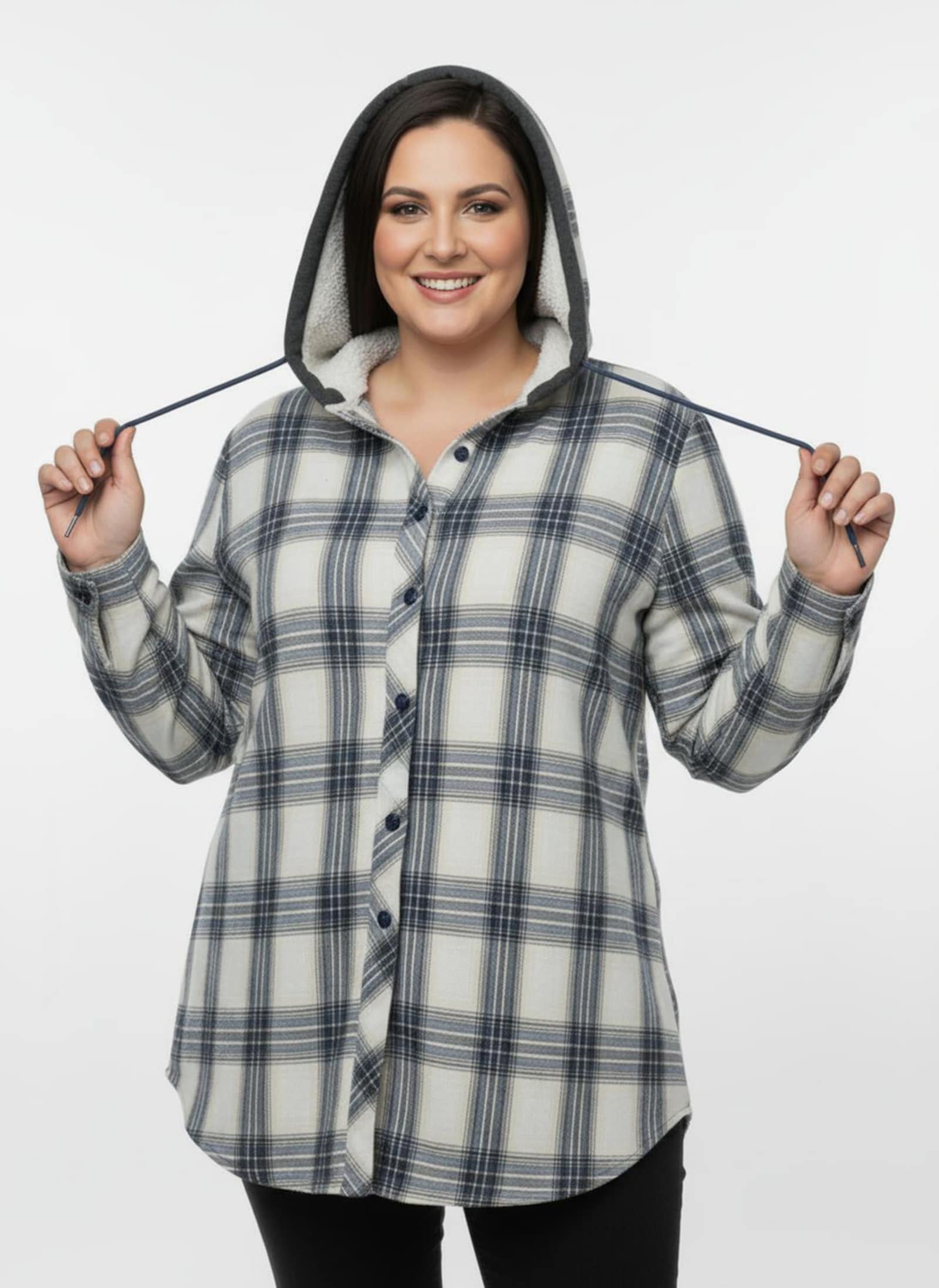Flanellbluse mit Kapuze - weiß-dunkelblau-kariert