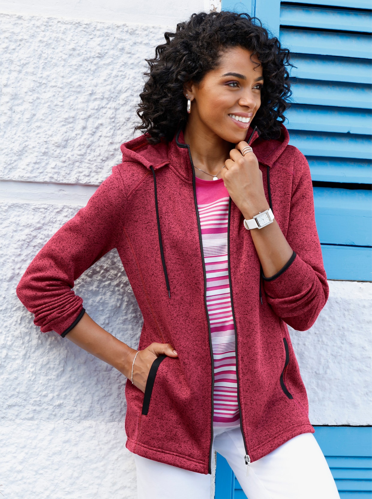 Strickfleecejacke - fuchsia-schwarz-meliert
