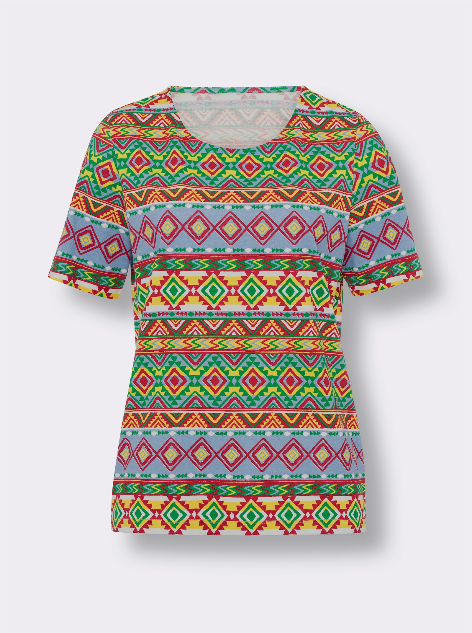 Kurzarmshirt mit Ethno-Muster, Baumwolle - erdbeere-sonnengelb-bedruckt