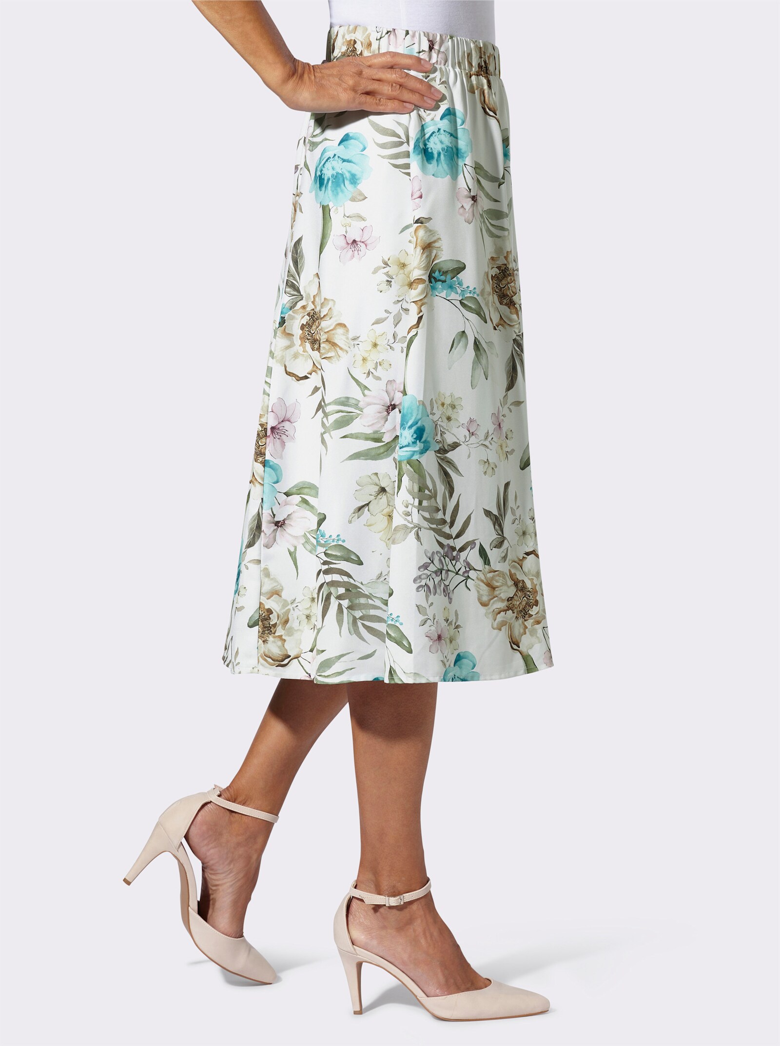 Bahnenrock mit blickdichtem Futter - ecru-rosé-bedruckt