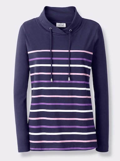 Stehkragenshirt mit Tunnelzug - marine-geringelt