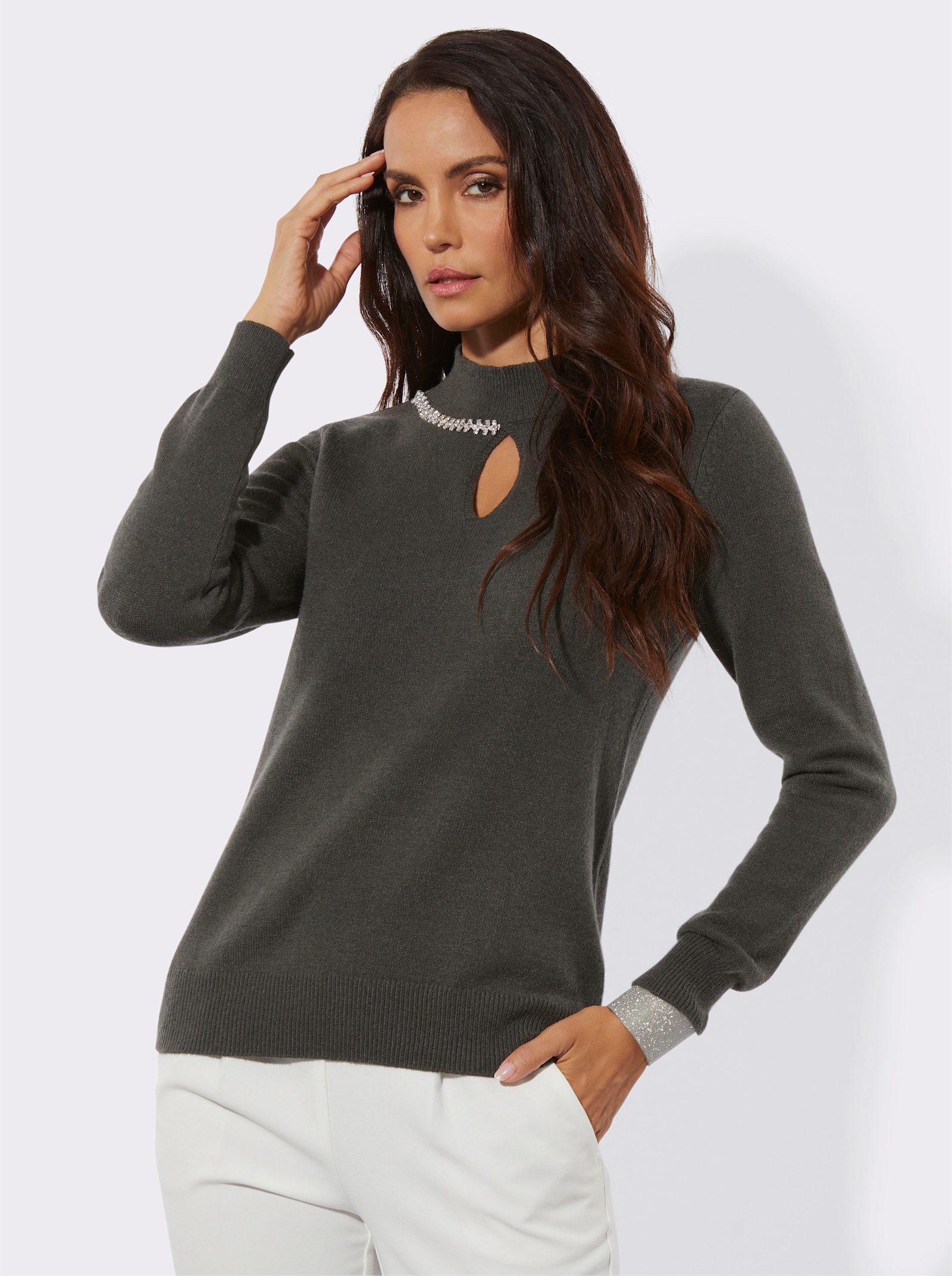 Langarm-Pullover mit Zierketten-Element - graphit