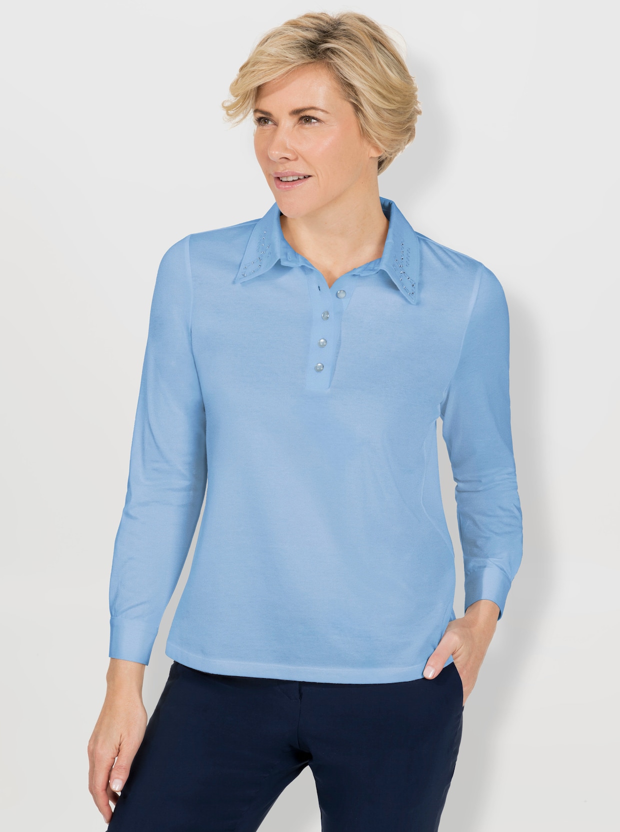 Langarm-Poloshirt - eisblau