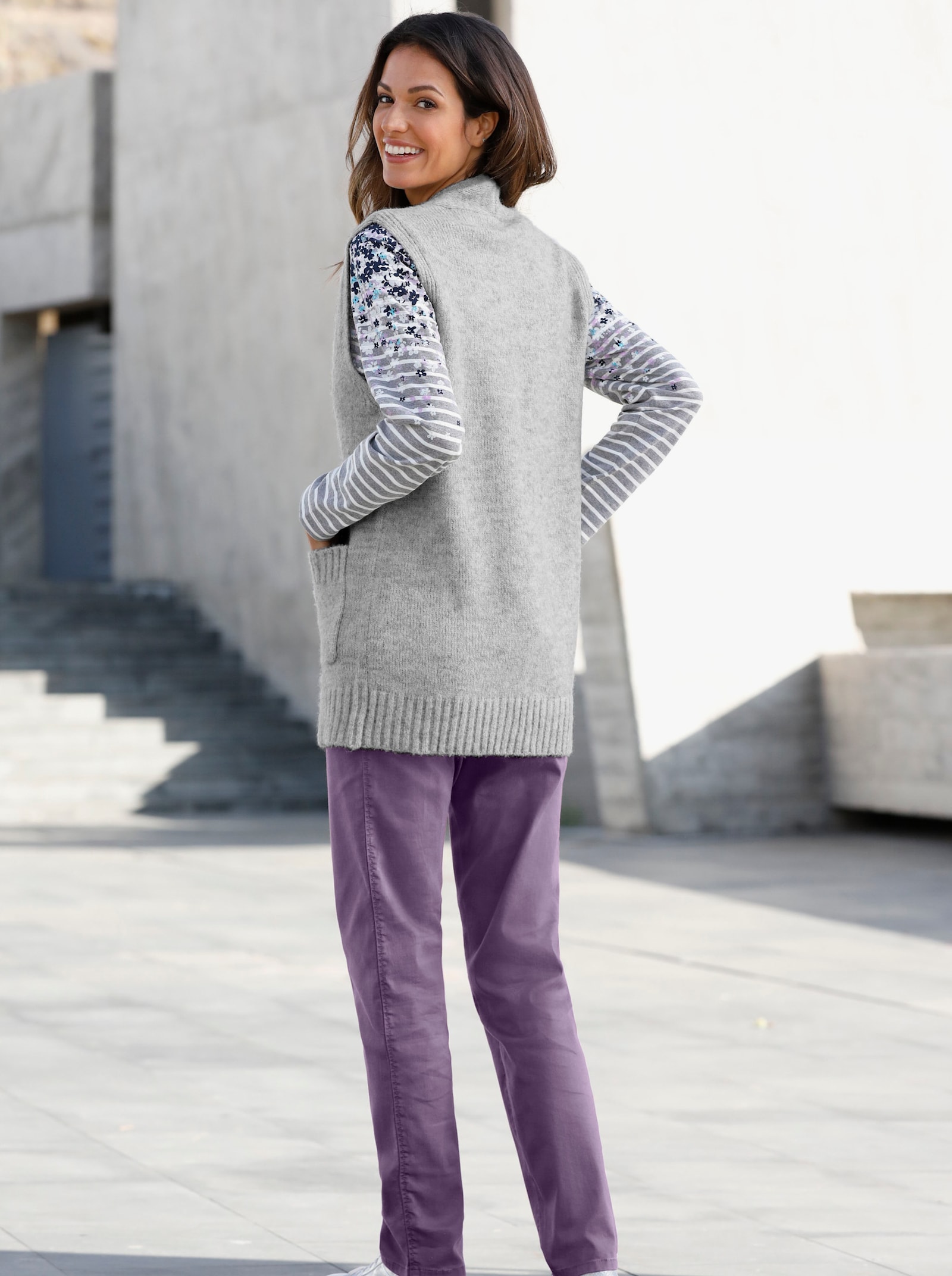 Longweste aus Melange-Garn - hellgrau-meliert