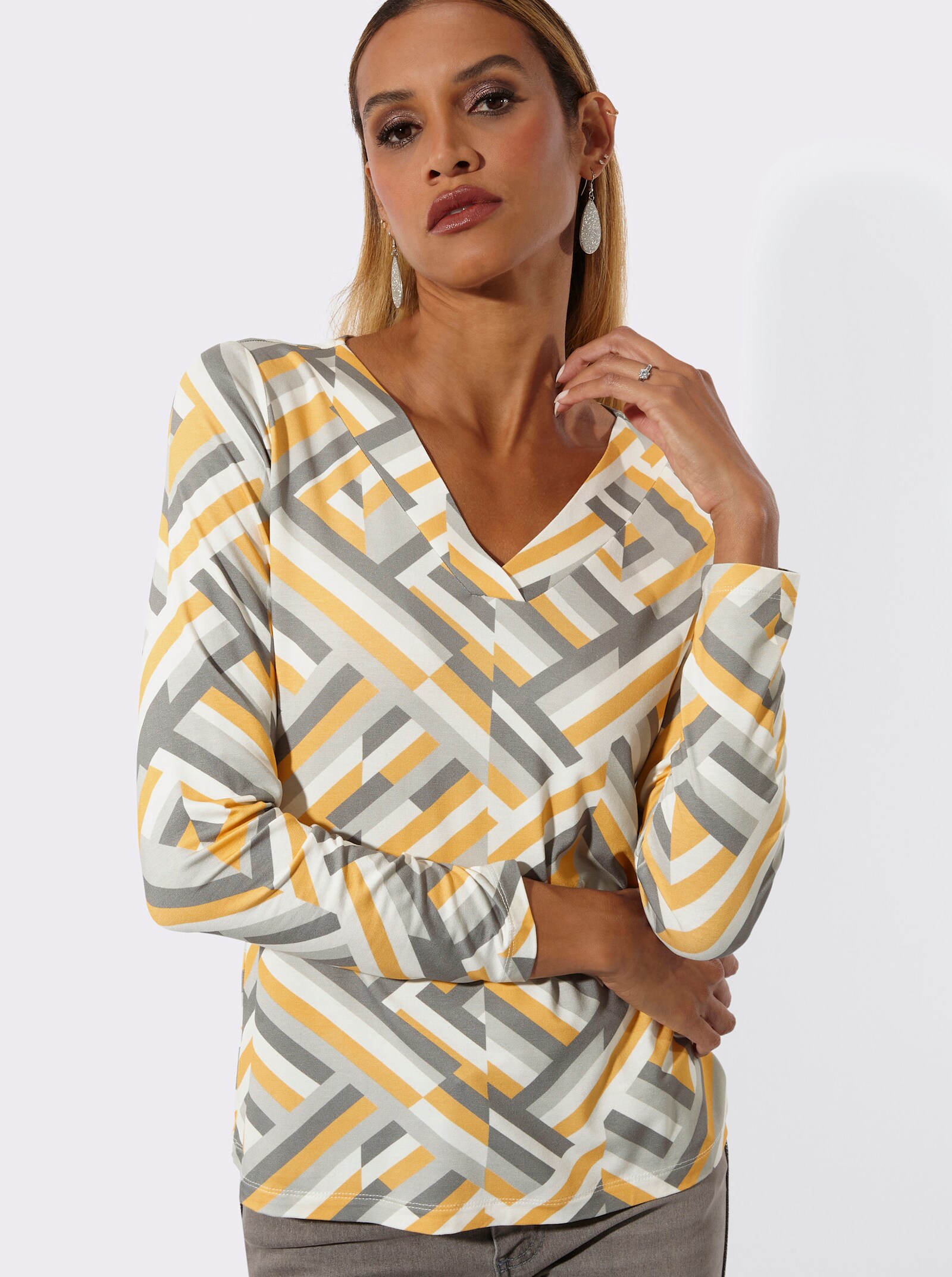 V-Shirt mit tollem Streifenmuster - ecru-grau-bedruckt