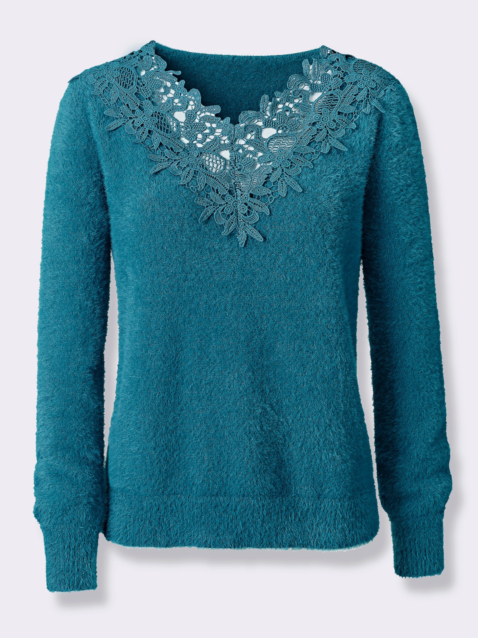 Langarm-Pullover in Flauschgarn - aquapetrol