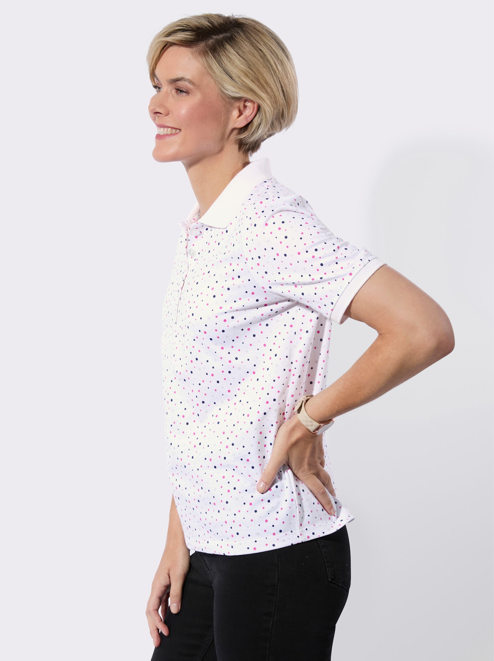 Poloshirt in stippendessin - wit/fuchsia gestippeld