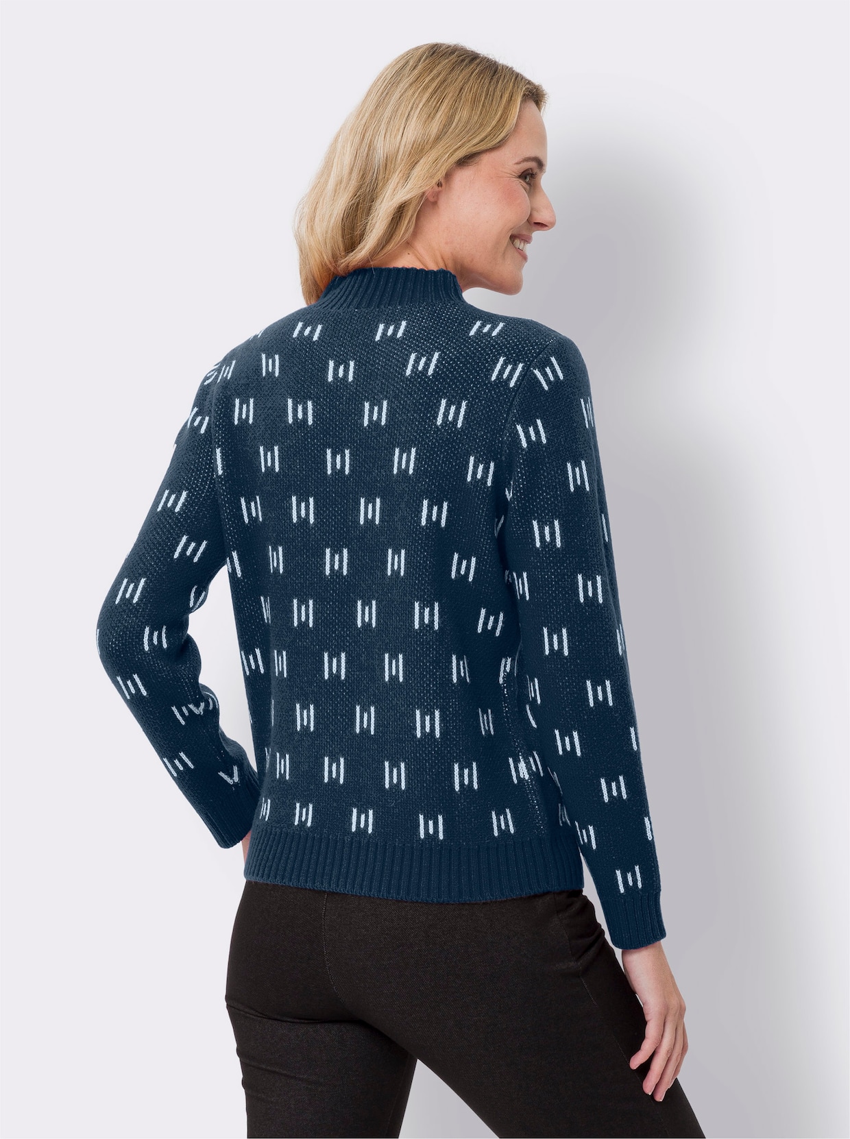 Trui met opstaande kraag - donkerblauw/ecru gedessineerd