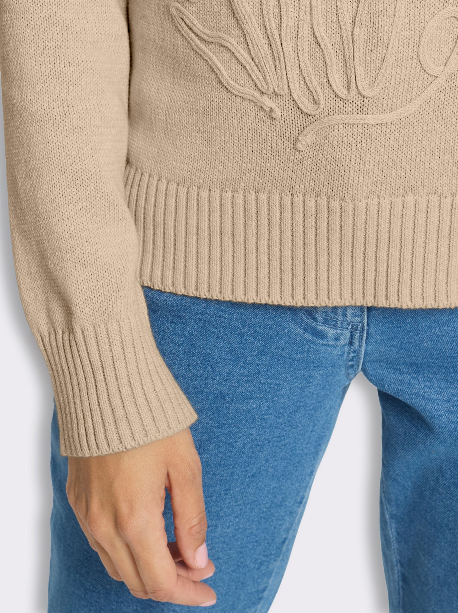 Baumwollpullover mit floraler Kordelstickerei - sand-meliert