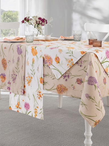 Tischdecke - ecru-lila-bedruckt
