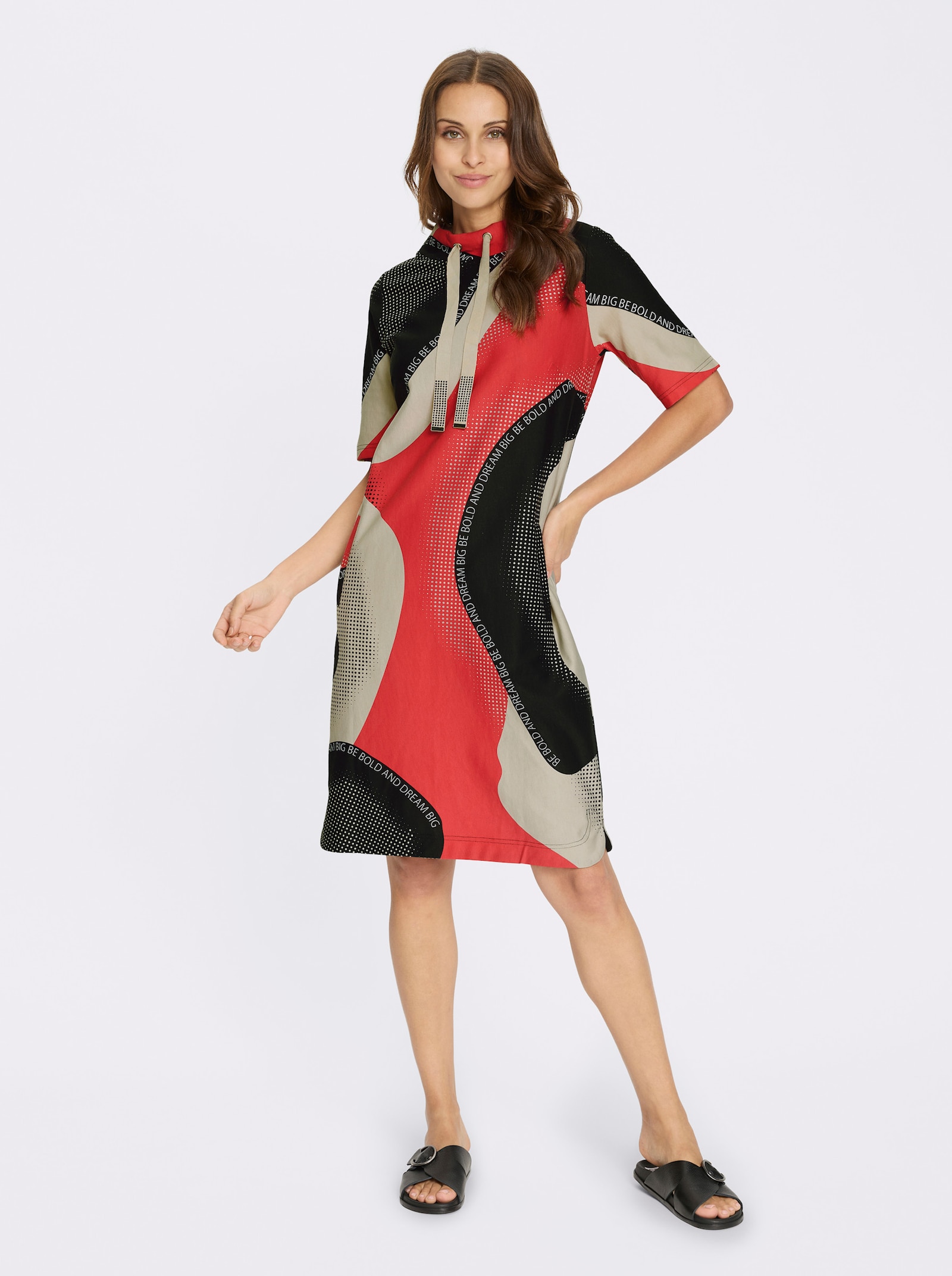 Sweatkleid mit seitlichen Taschen - erdbeere-schwarz-bedruckt