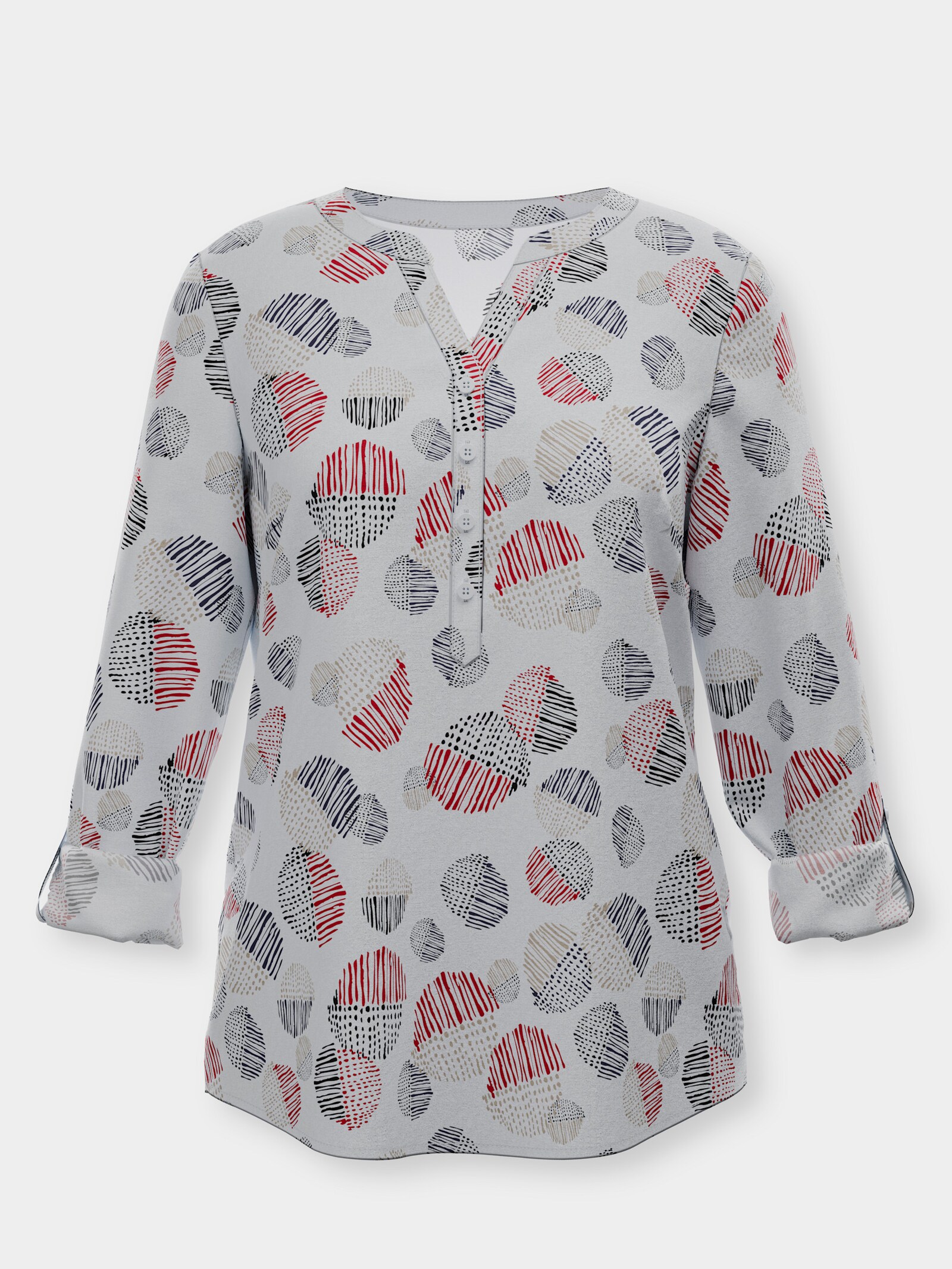 Druckbluse mit Krempel-Ärmel - rot-ecru-bedruckt