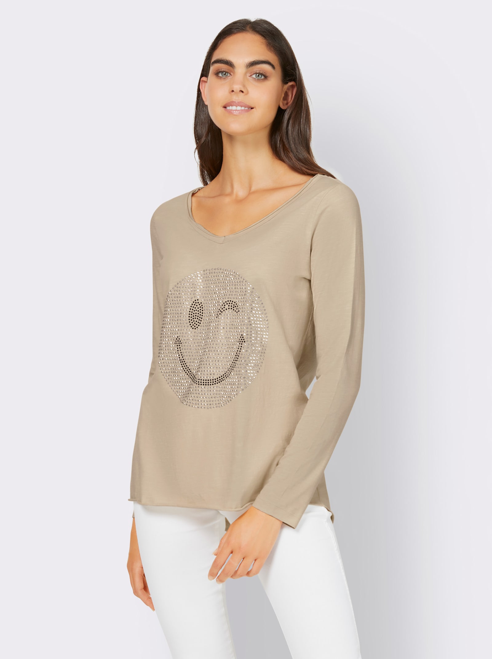 heine Shirt met lange mouwen en siersteentjes - zand