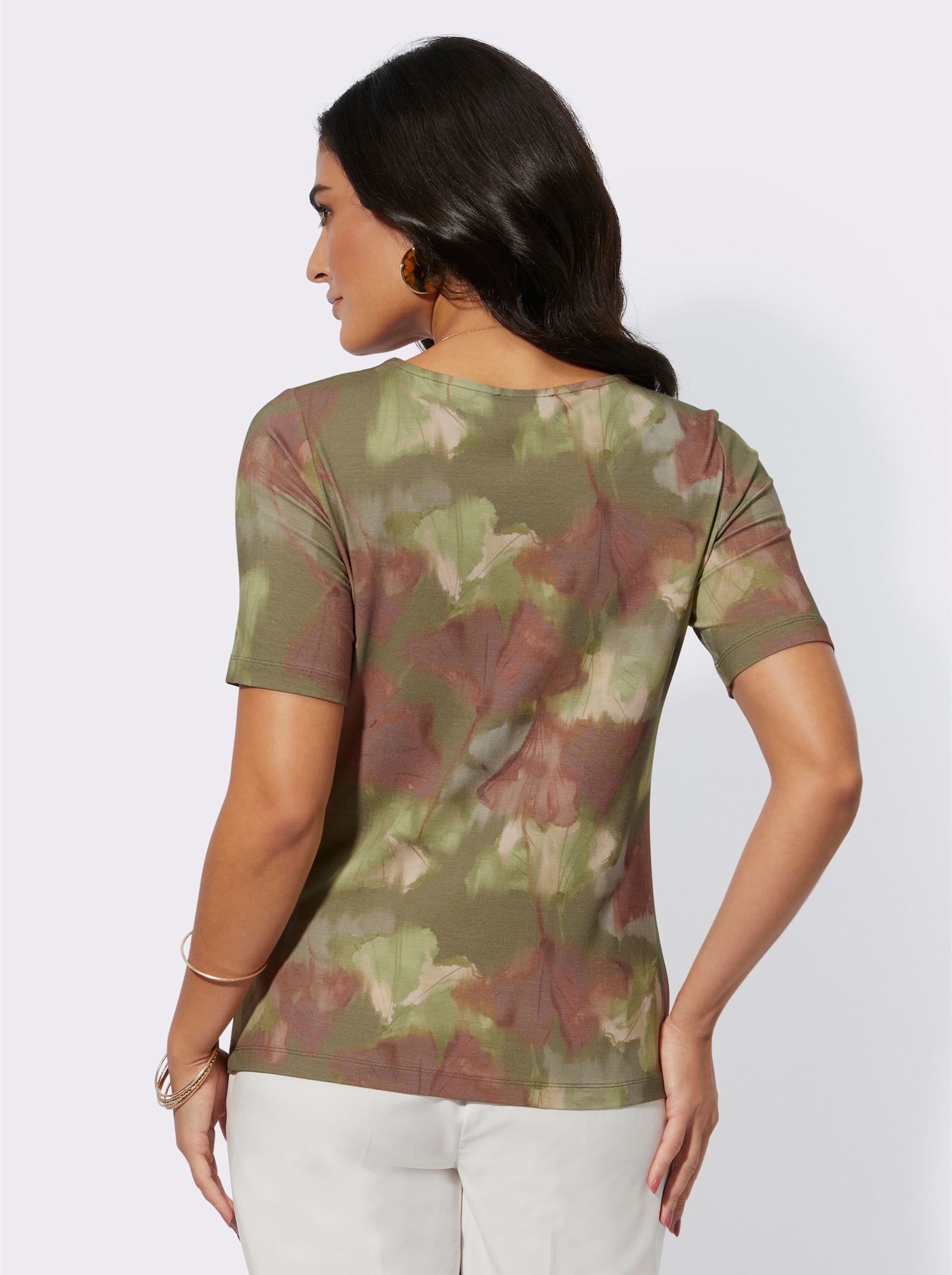 Shirt met korte mouwen en ginkgo-motief - kaki/lindegroen bedrukt