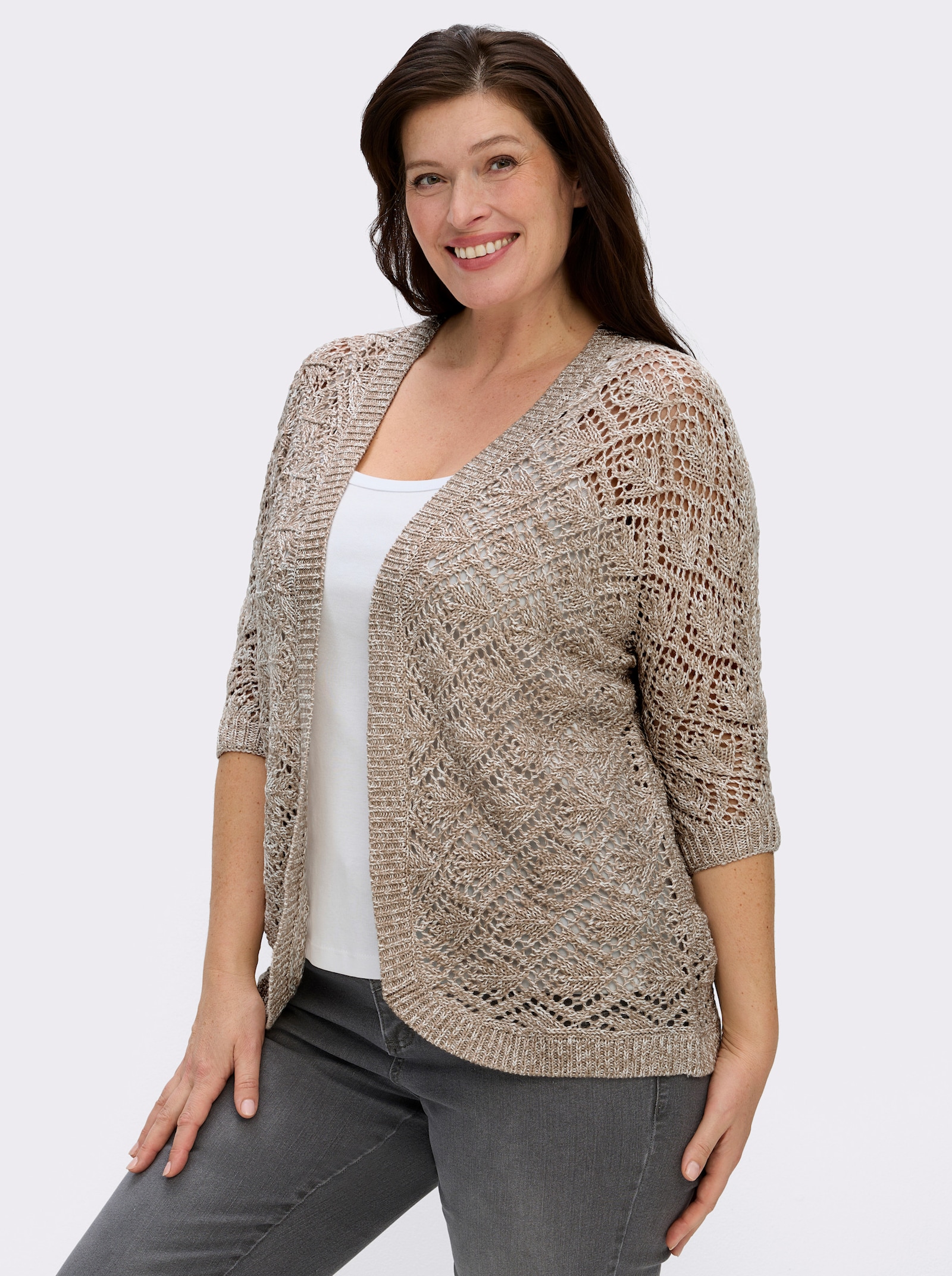 Ajourstrickjacke mit Fledermaus-Ärmeln - sesam-ecru-meliert