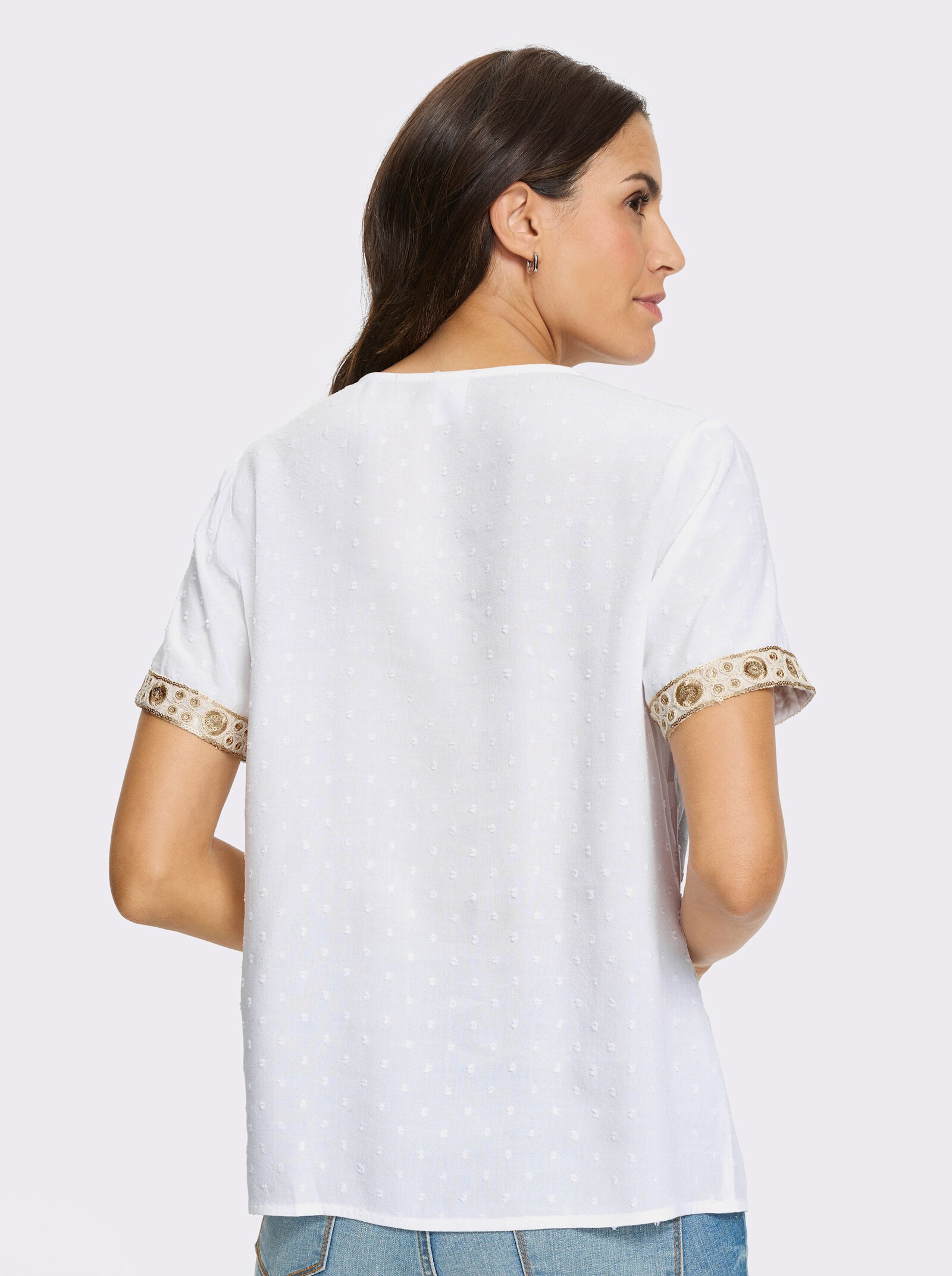 Kurzarm-Bluse mit eingewebten Pünktchen - ecru