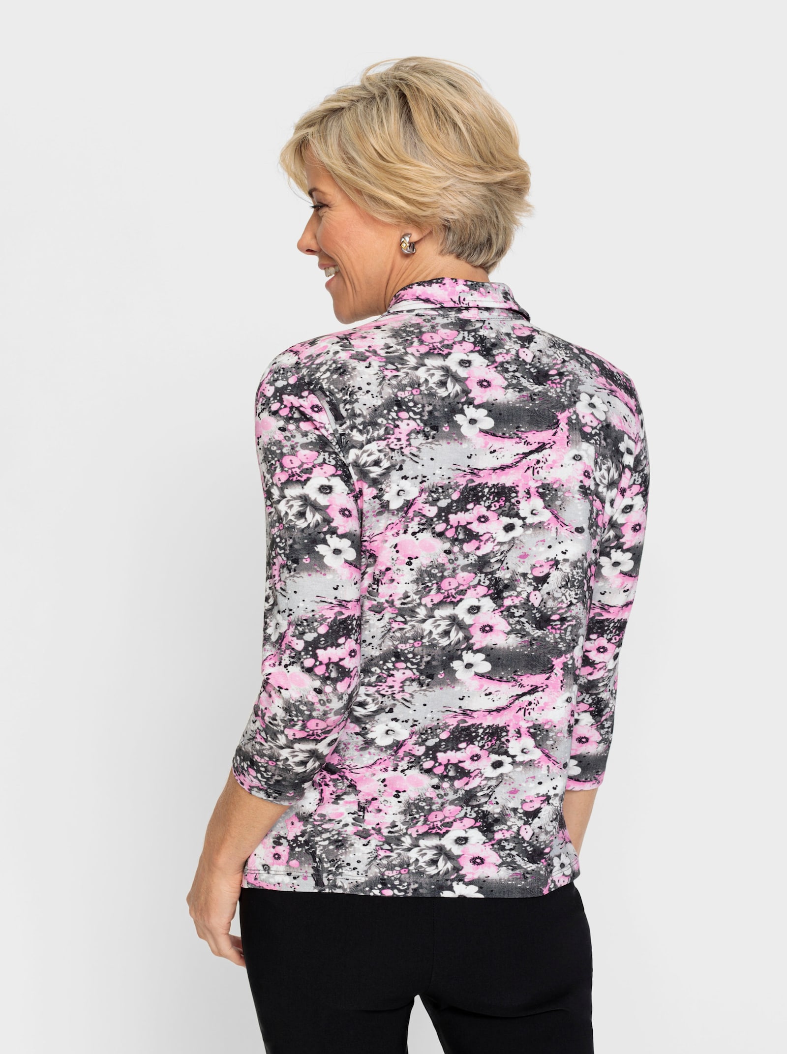 Poloshirt met gemengde bloemenpatronen - grijs/roze geprint