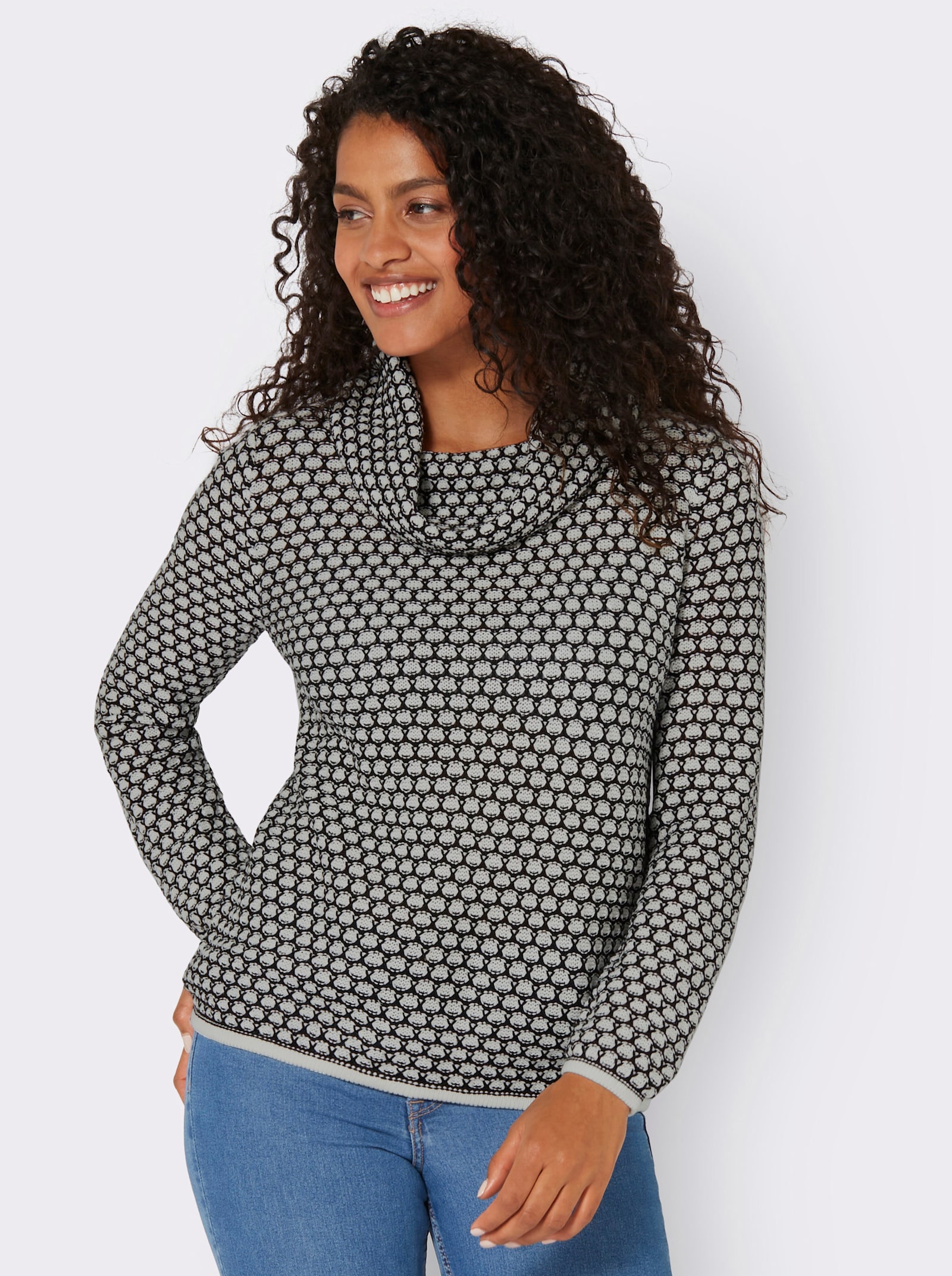 Rollkragenpullover mit 2-farbigem Strickmuster - schwarz-ecru-gemustert