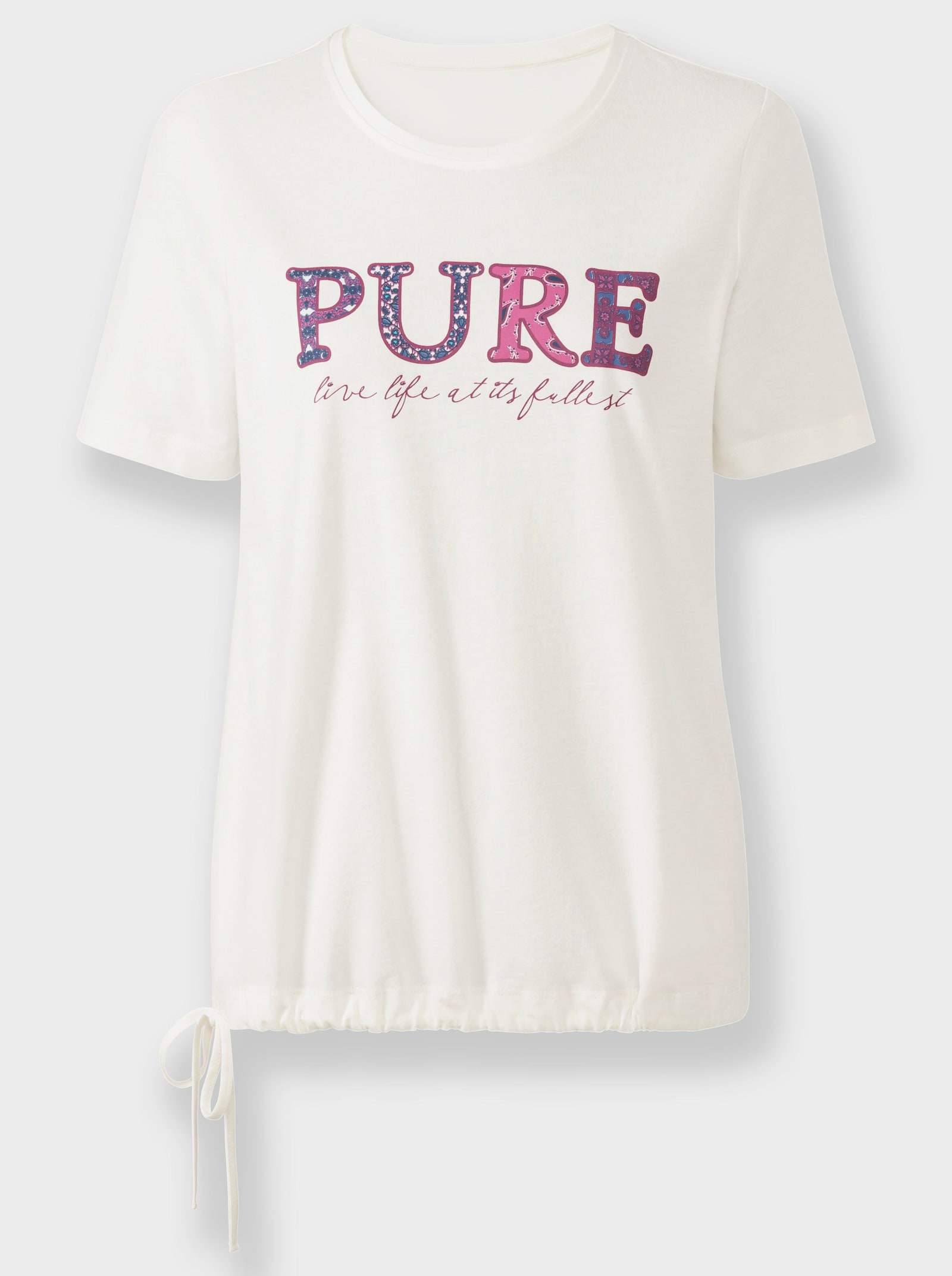 Kurzarmshirt mit Bindeband am Saum - ecru-bedruckt