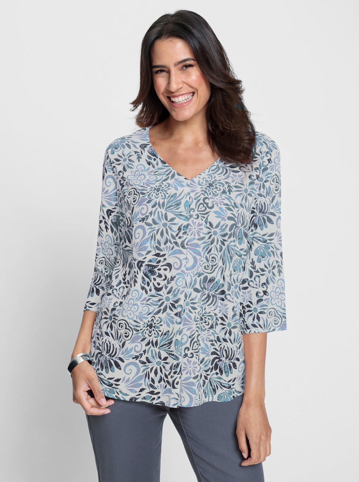 Blouse met print - donkerblauw/duivenblauw bedrukt