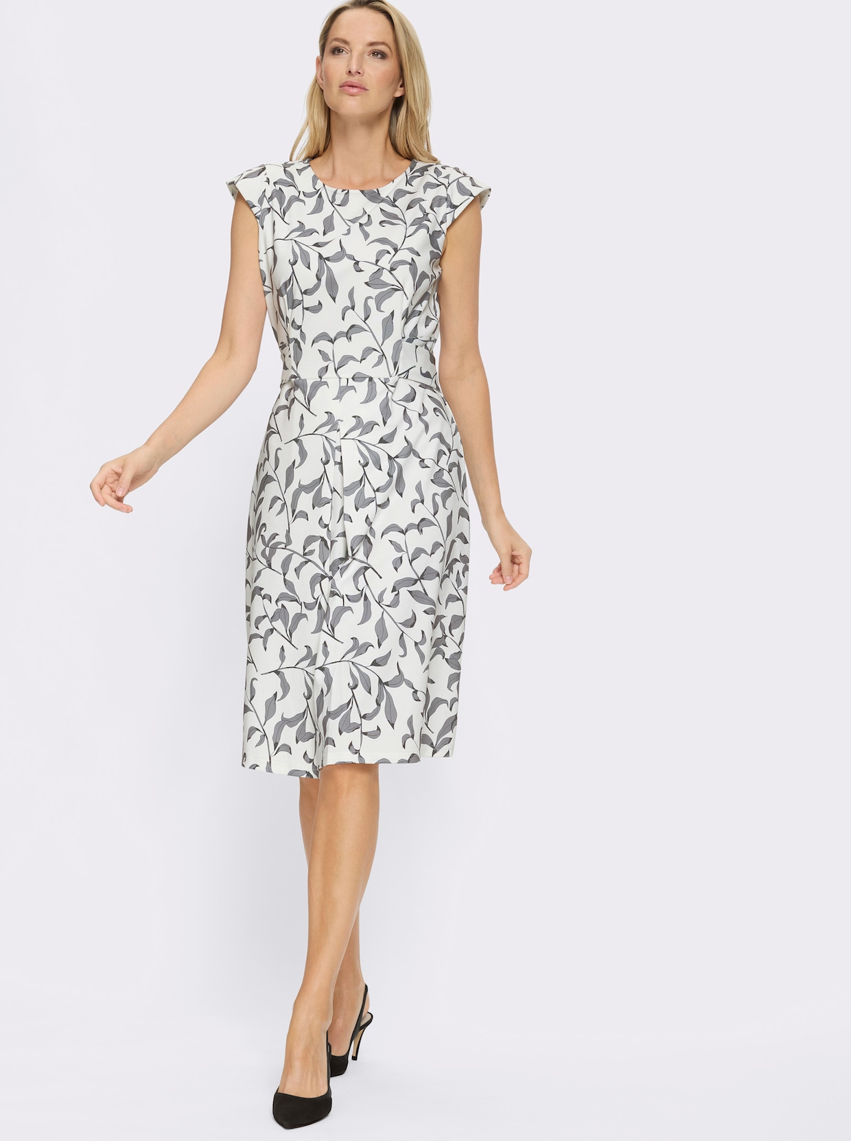 heine Etuikleid inklusive Bindegürtel - ecru-schwarz-bedruckt