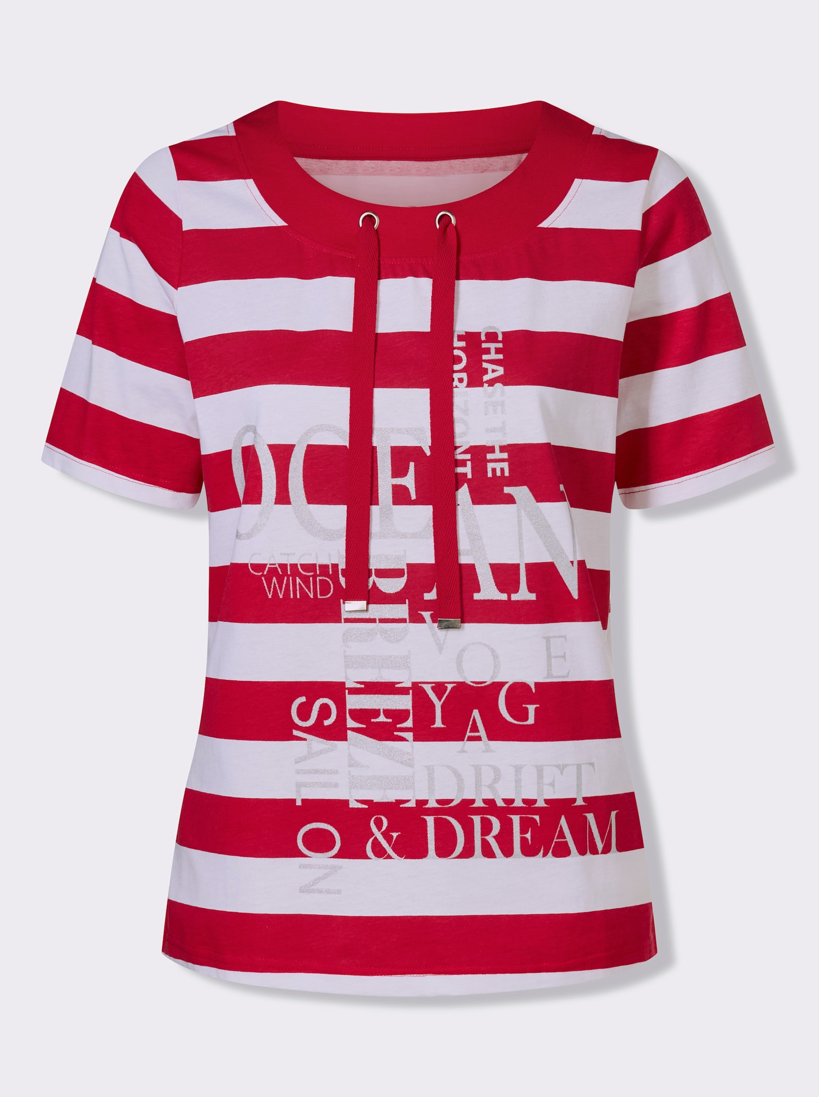 Kurzarmshirt mit Glitzer-Druck, gestreift - rot-weiß-geringelt