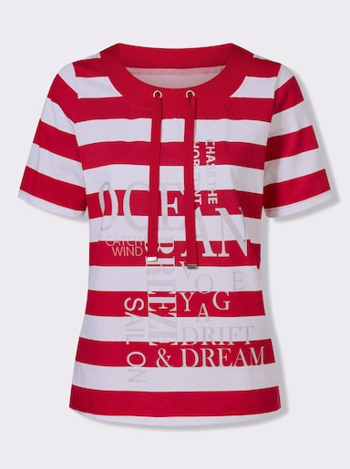 Kortärmad topp med glittertryck, randig - röd-vit, randig