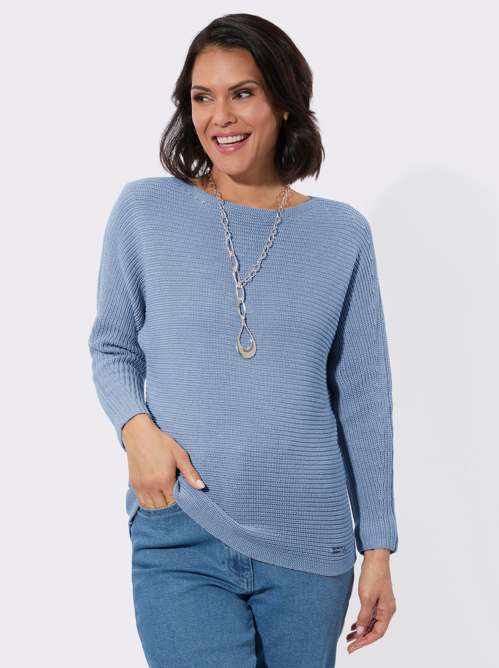 Langarm-Pullover mit U-Boot-Ausschnitt - bleu