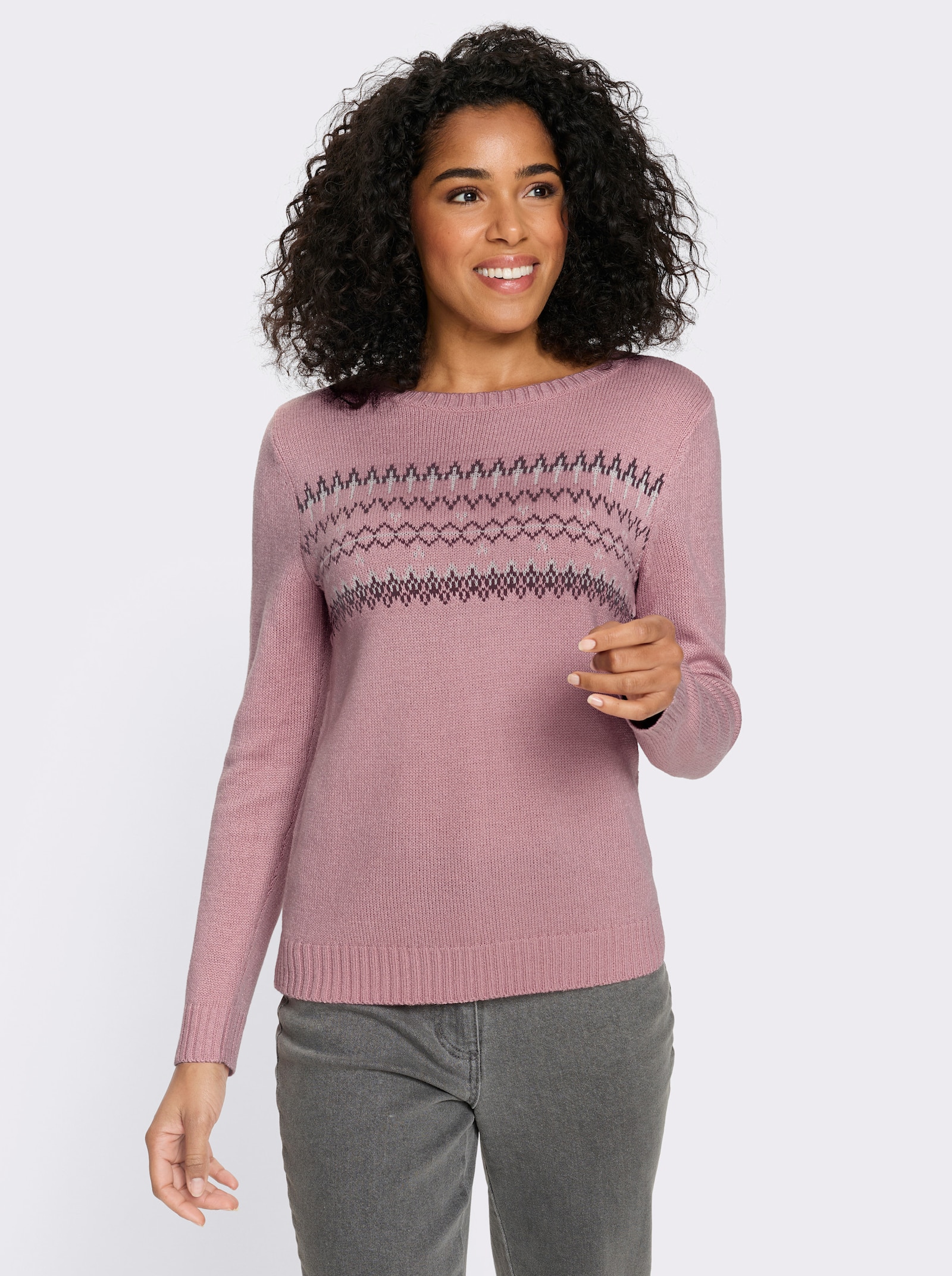Langarm-Pullover mit Jacquard-Muster - hortensie-burgund-gemustert