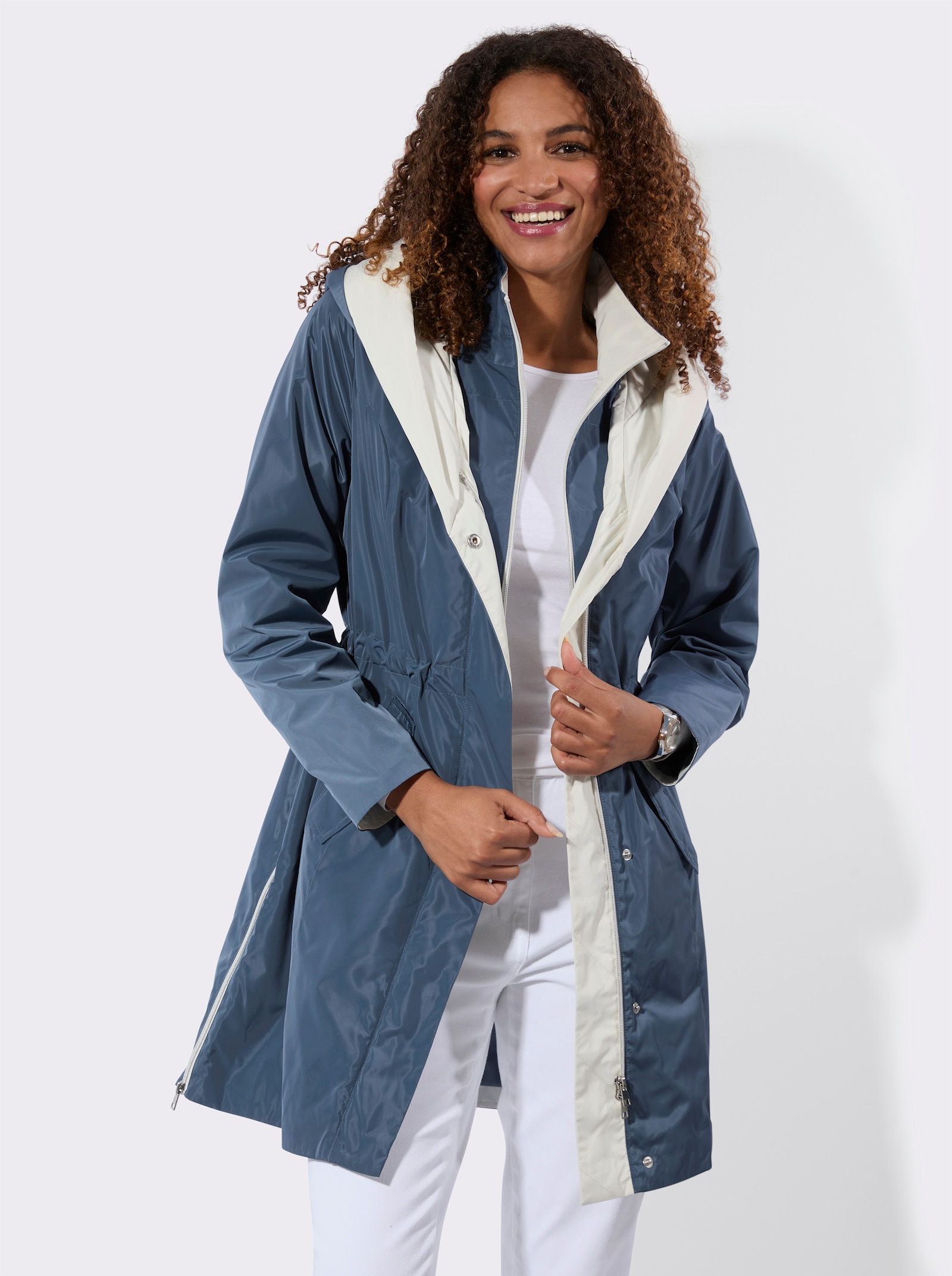 Kurzmantel in 2-in-1-Optik - rauchblau-ecru
