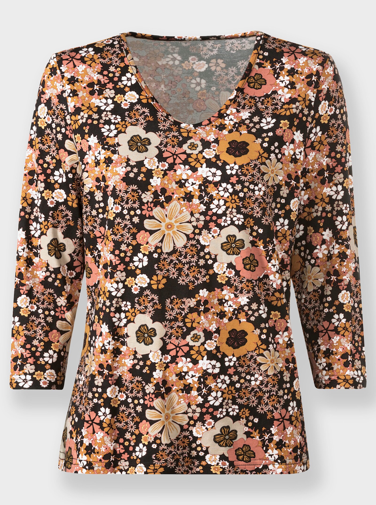 Tričko s výstřihem do V a květinovým vzorem - černá-papája-potisk