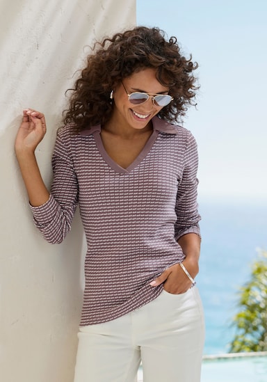 Vivance Poloshirt met lange mouwen - taupe/crème