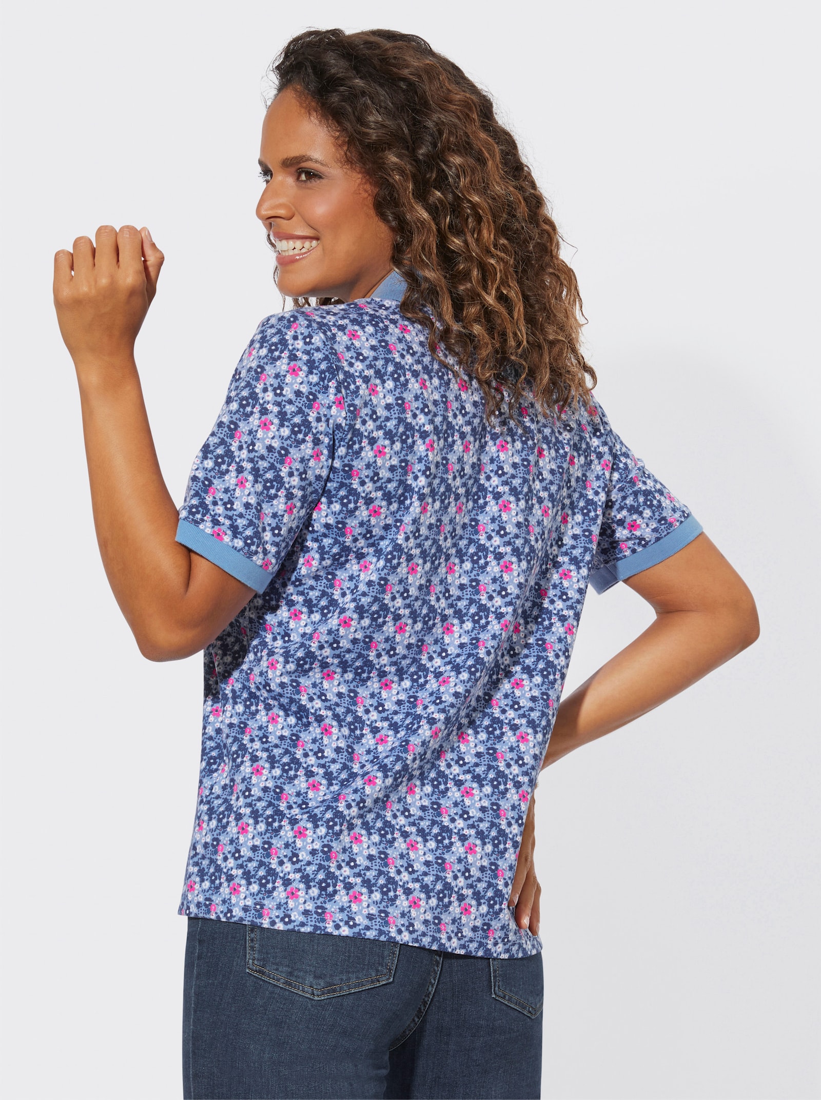 Poloshirt mit Knopfleiste - bleu-fuchsia-bedruckt